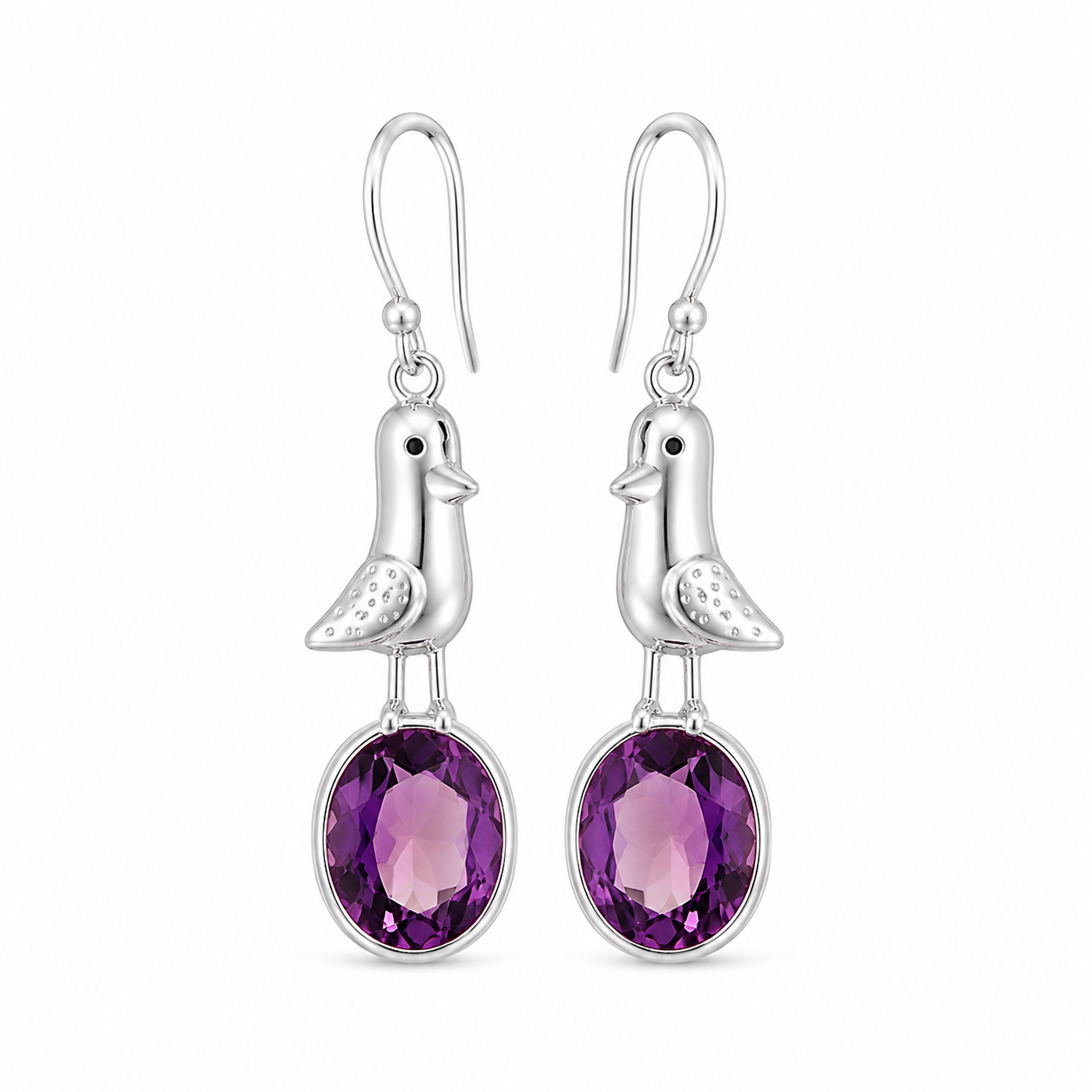 Amethyst Bird Dangle Silver Earrings