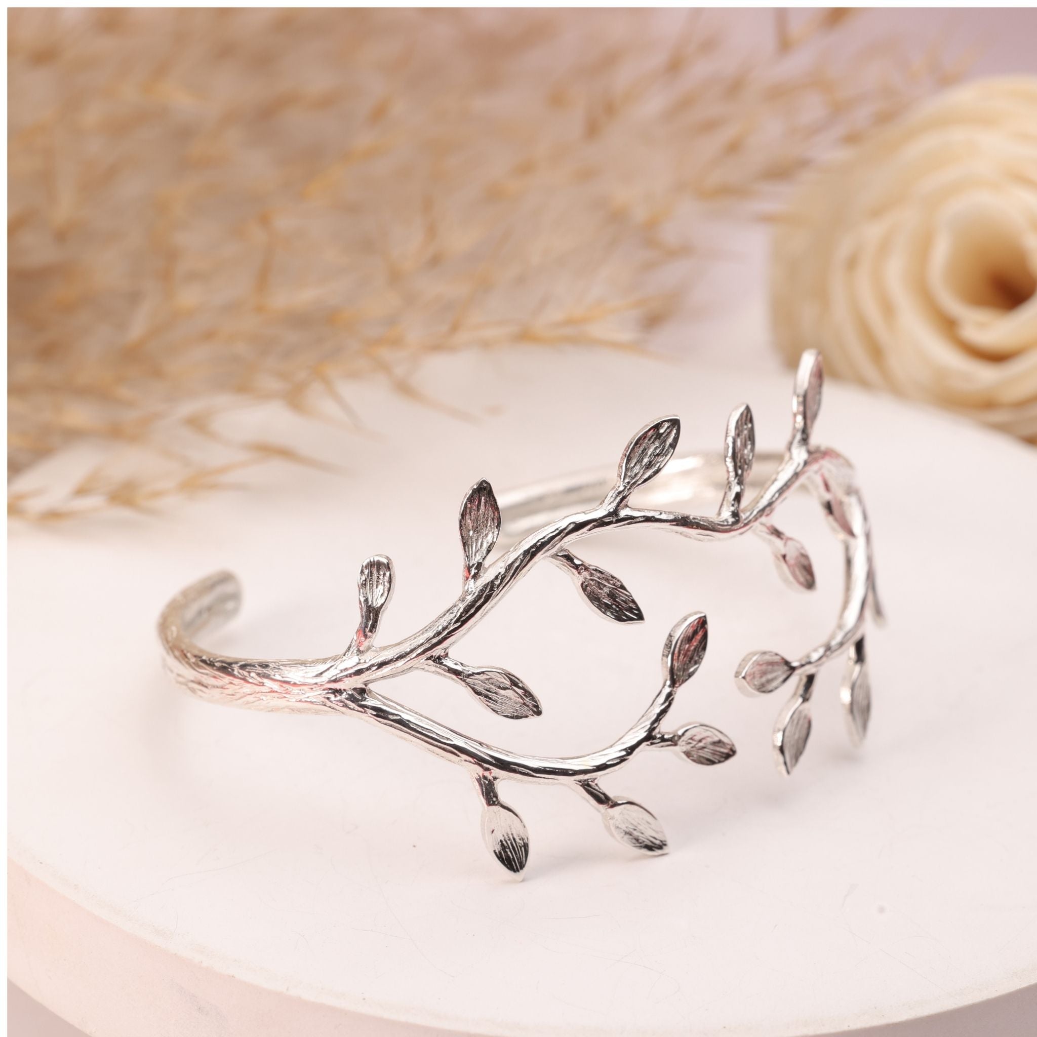 Leaf Vine Open Cuff Silver Bracelet