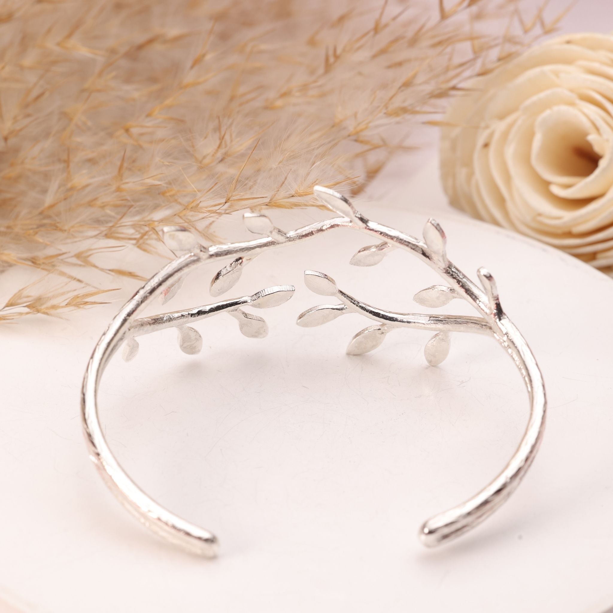 Leaf Vine Open Cuff Silver Bracelet