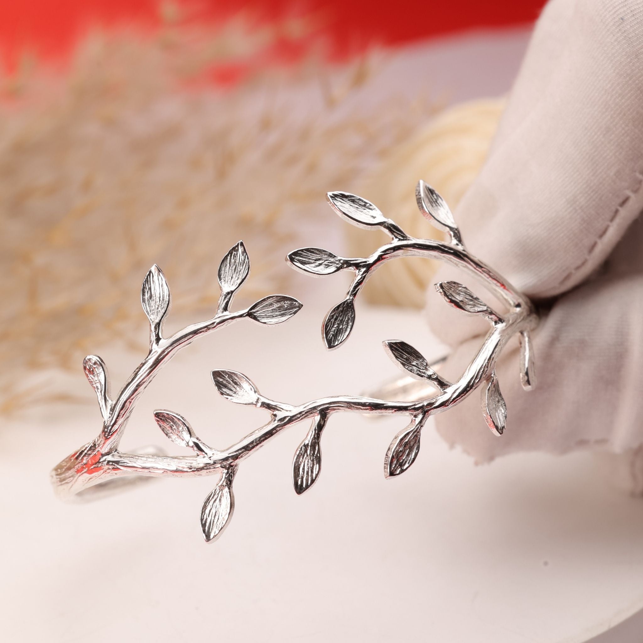 Leaf Vine Open Cuff Silver Bracelet