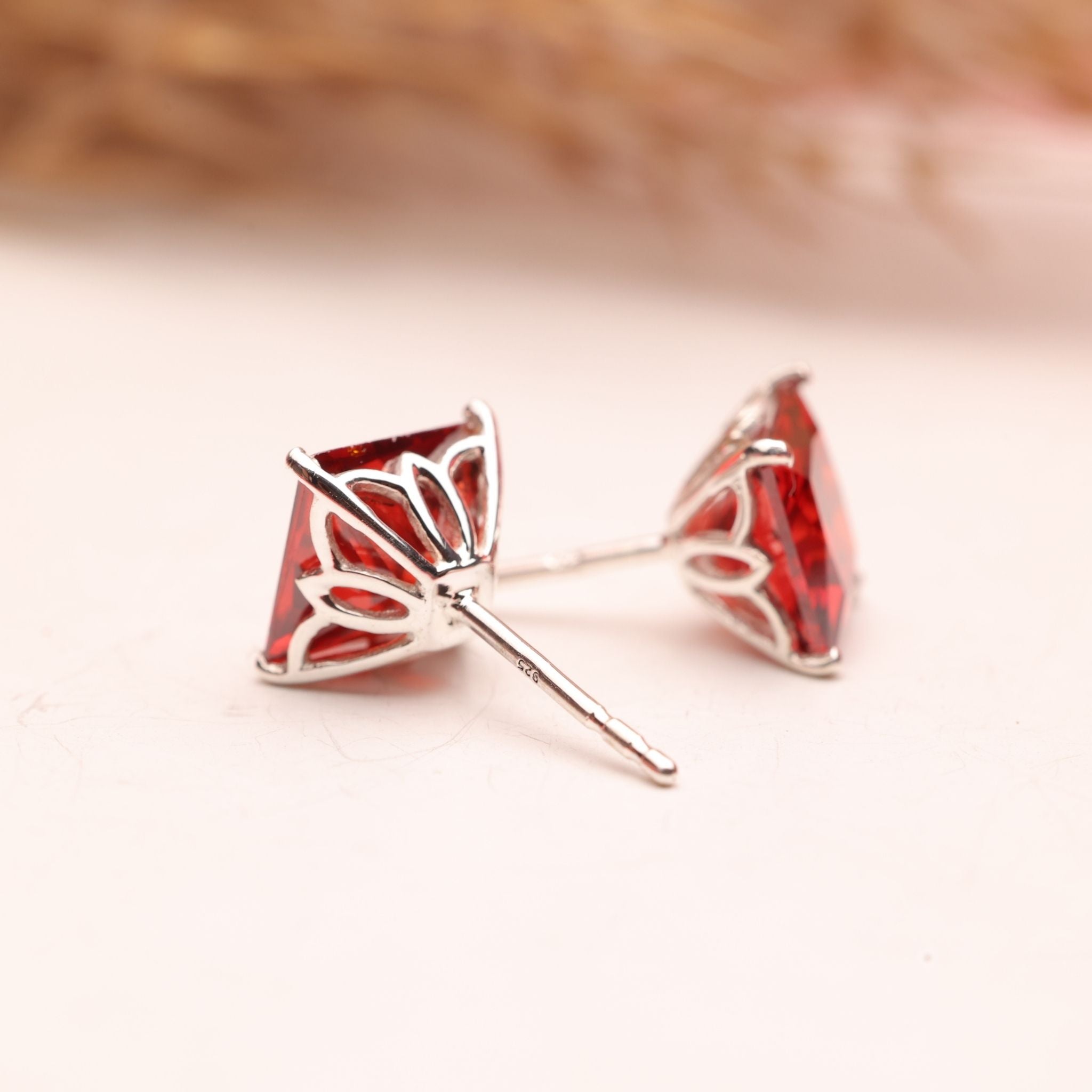 Princess Cut Birthstone CZ Silver Studs