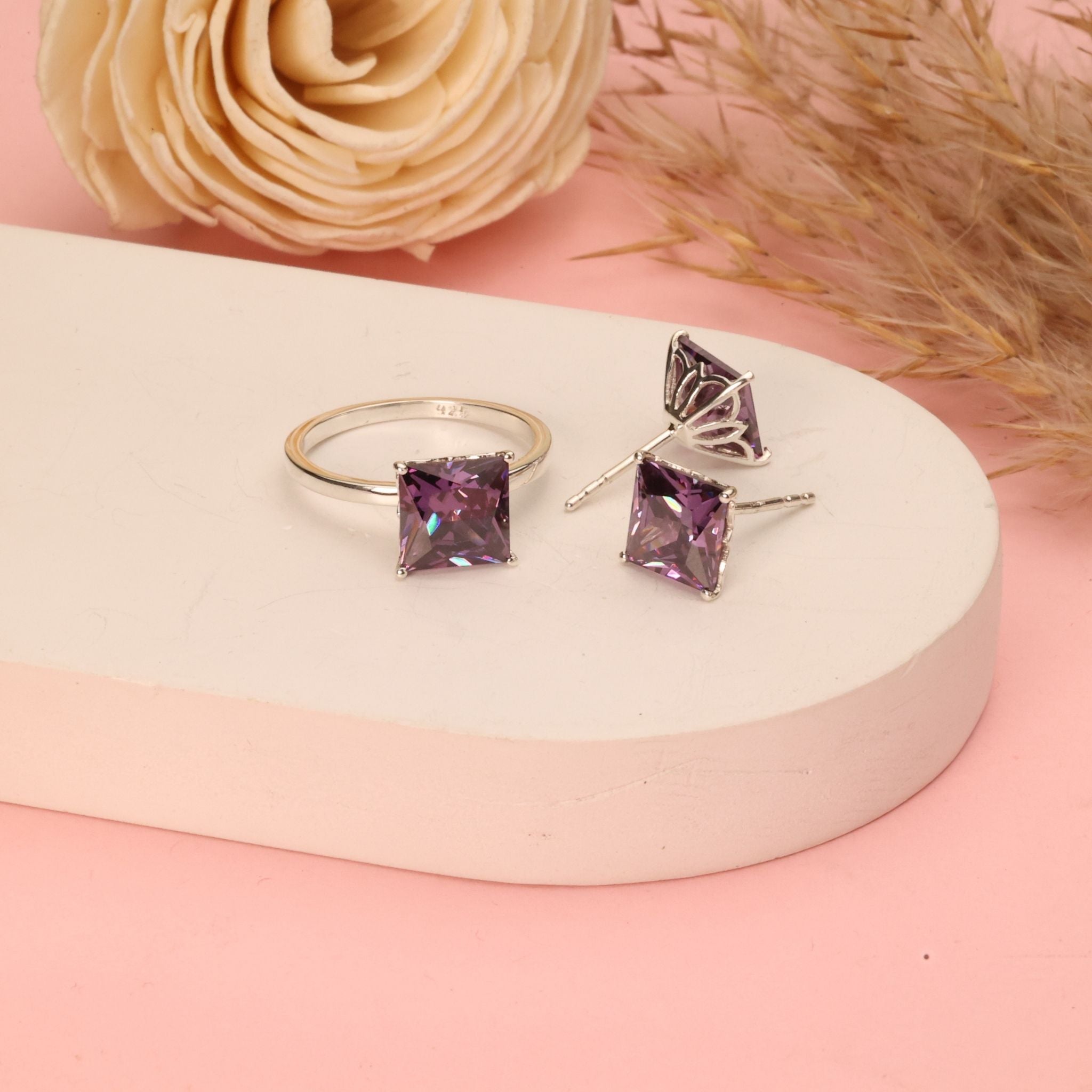 Princess Cut Birthstone CZ Silver Studs
