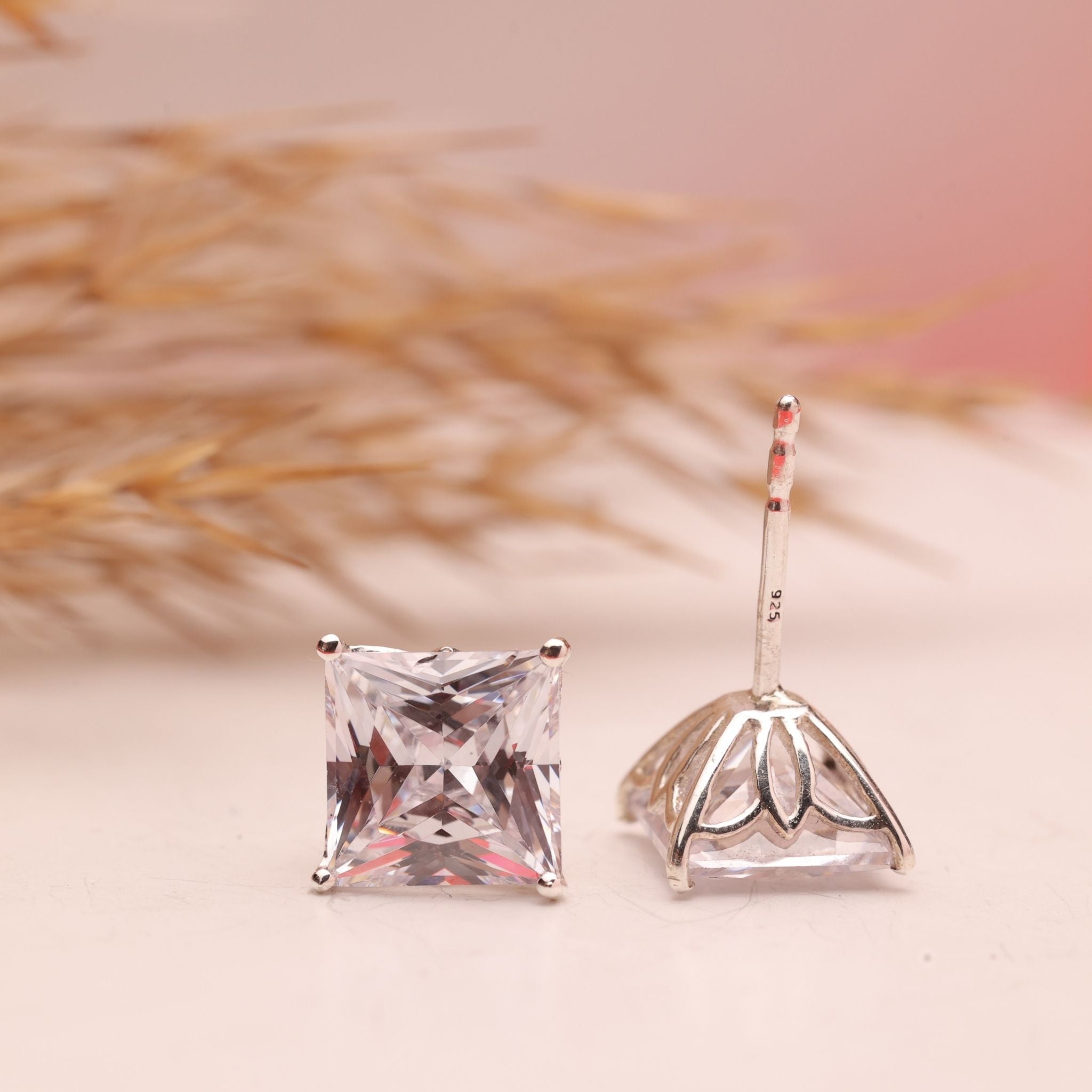 Princess Cut Birthstone CZ Silver Studs