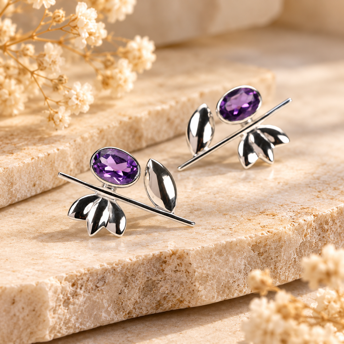 Purple Amethyst CZ Floral Stud Earrings