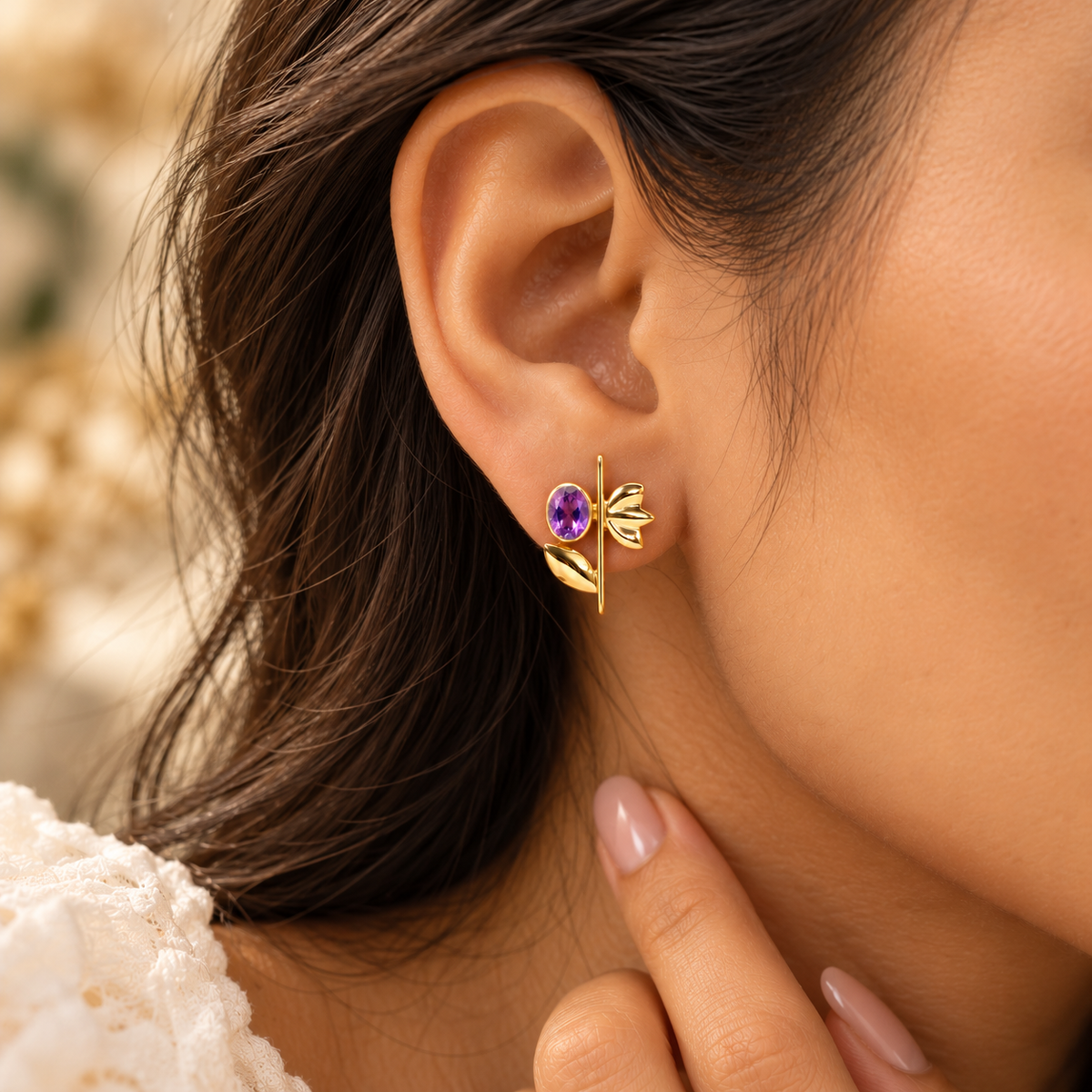 Shop purple amethyst CZ floral stud earrings in 925 sterling silver. Featuring 6x8mm oval stones and elegant lotus and leaf design. Perfect gift for her