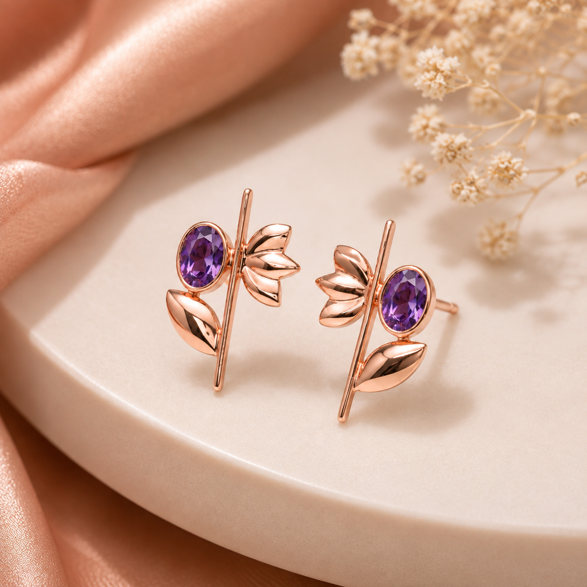 Purple Amethyst CZ Floral Stud Earrings