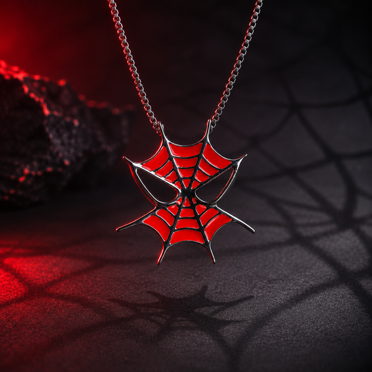Sterling Silver red and black spiderweb pendant necklace suitable for men and women who loves gothic jewellery for halloween gifts