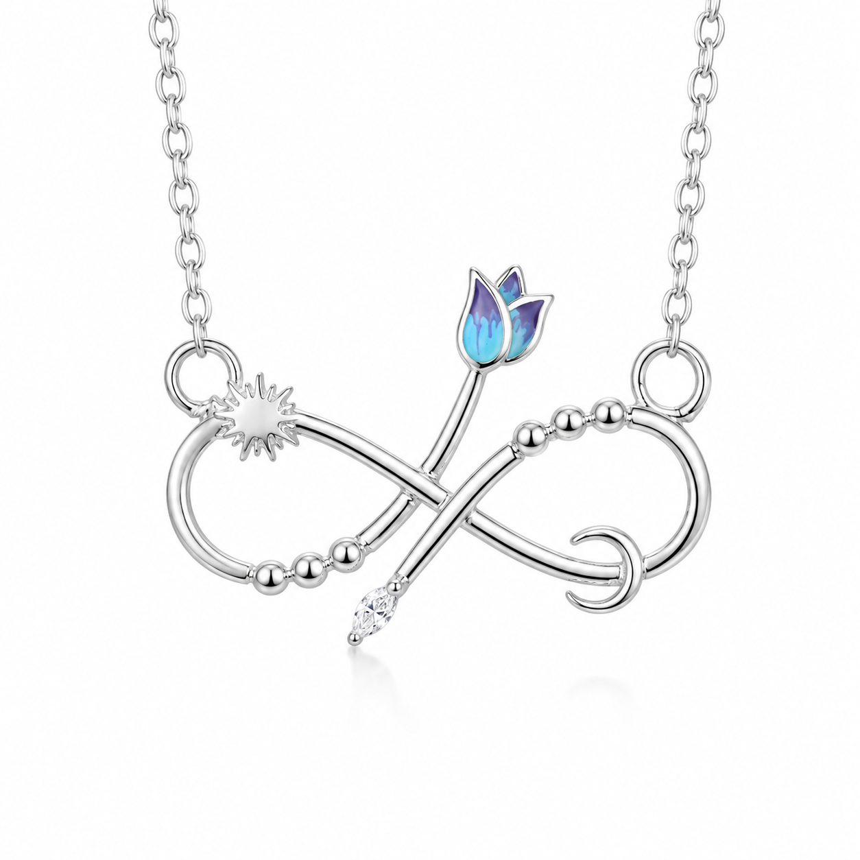 925 sterling silver infinity tulip pendant with blue enamel and marquise cut CZ gemstone