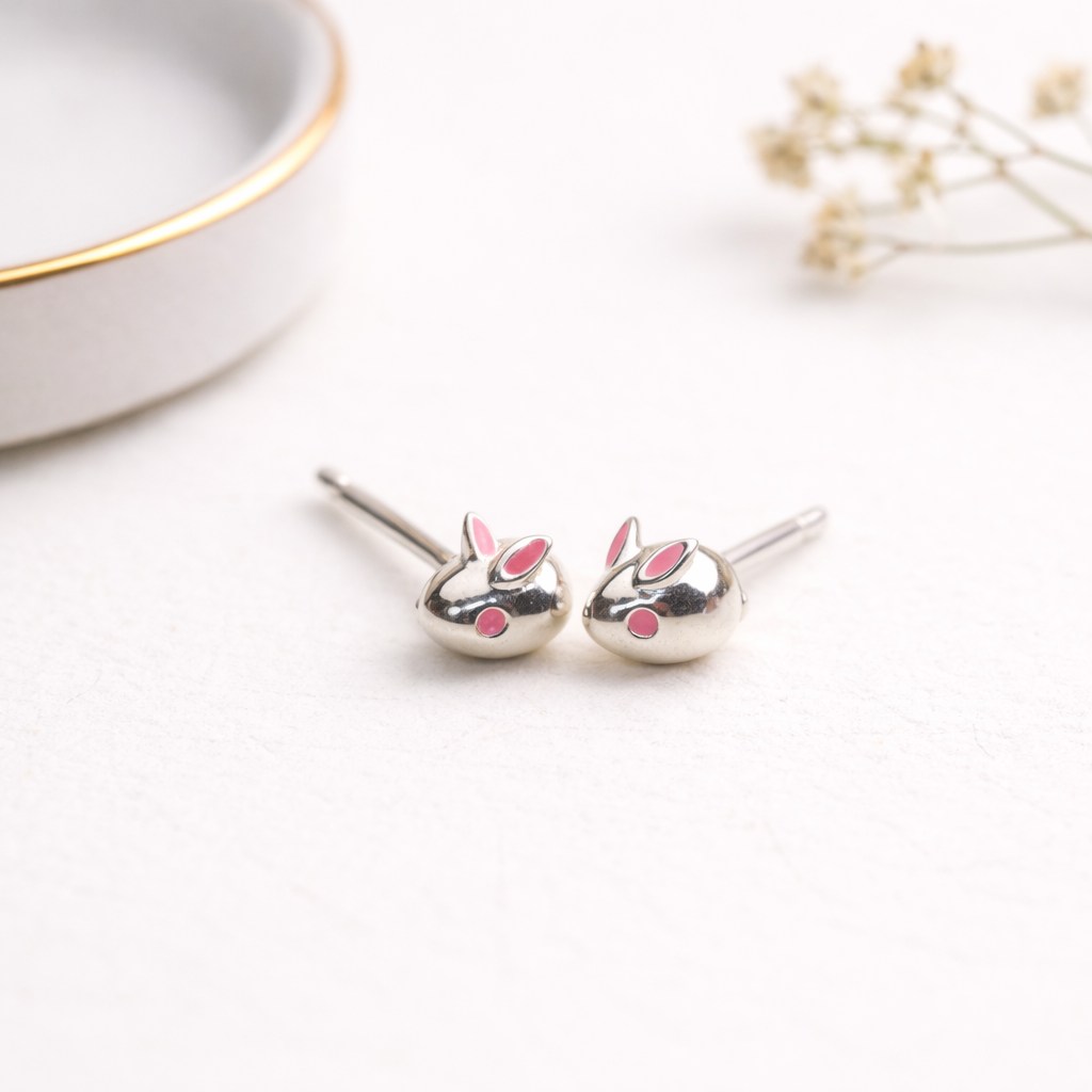 Rabbit Enamel Sterling Silver Studs