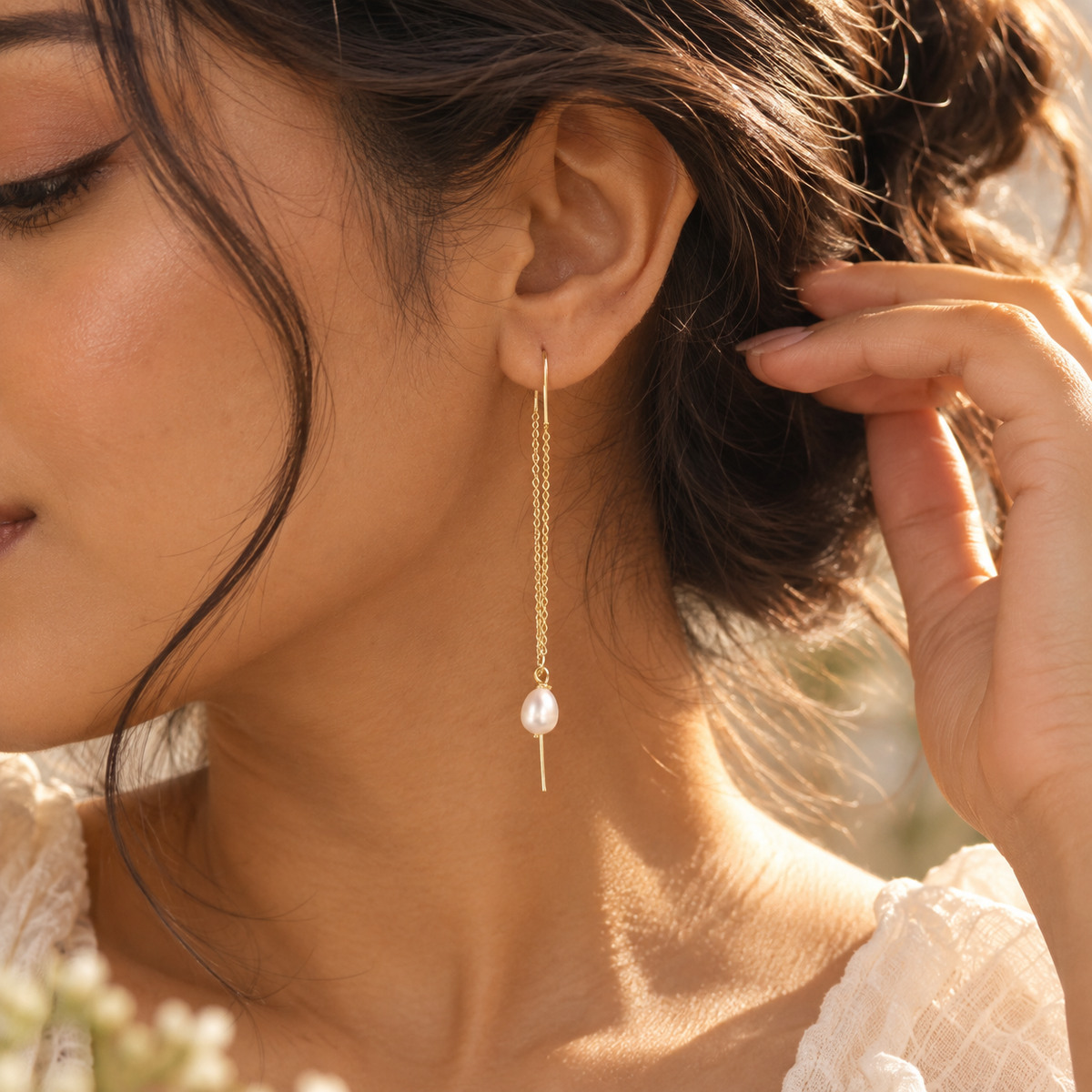 Sterling Silver Chain Threader Earrings with elegant fresh water pearl drops, a modern minimalist design for daily wear, weddings, birthdays & thoughtful gift