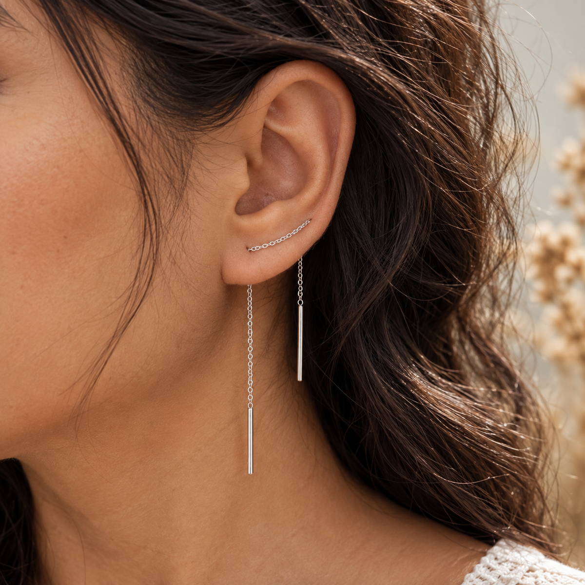 Sterling silver chain ear cuff and threader earrings, 130mm long and 1.2g. Style as a single or double ear cuff, or wear on both ears.