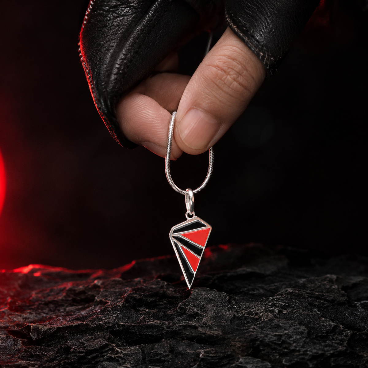 Superman inspired this sterling silver super hero pendant, red and black enamel geometric pendant necklace, featuring a sharp modern design