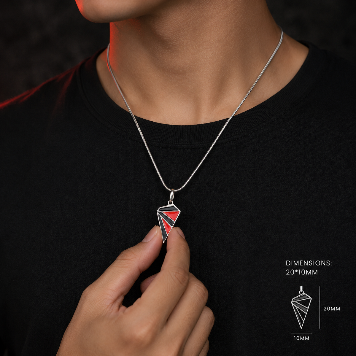 Superman inspired this sterling silver super hero pendant, red and black enamel geometric pendant necklace, featuring a sharp modern design