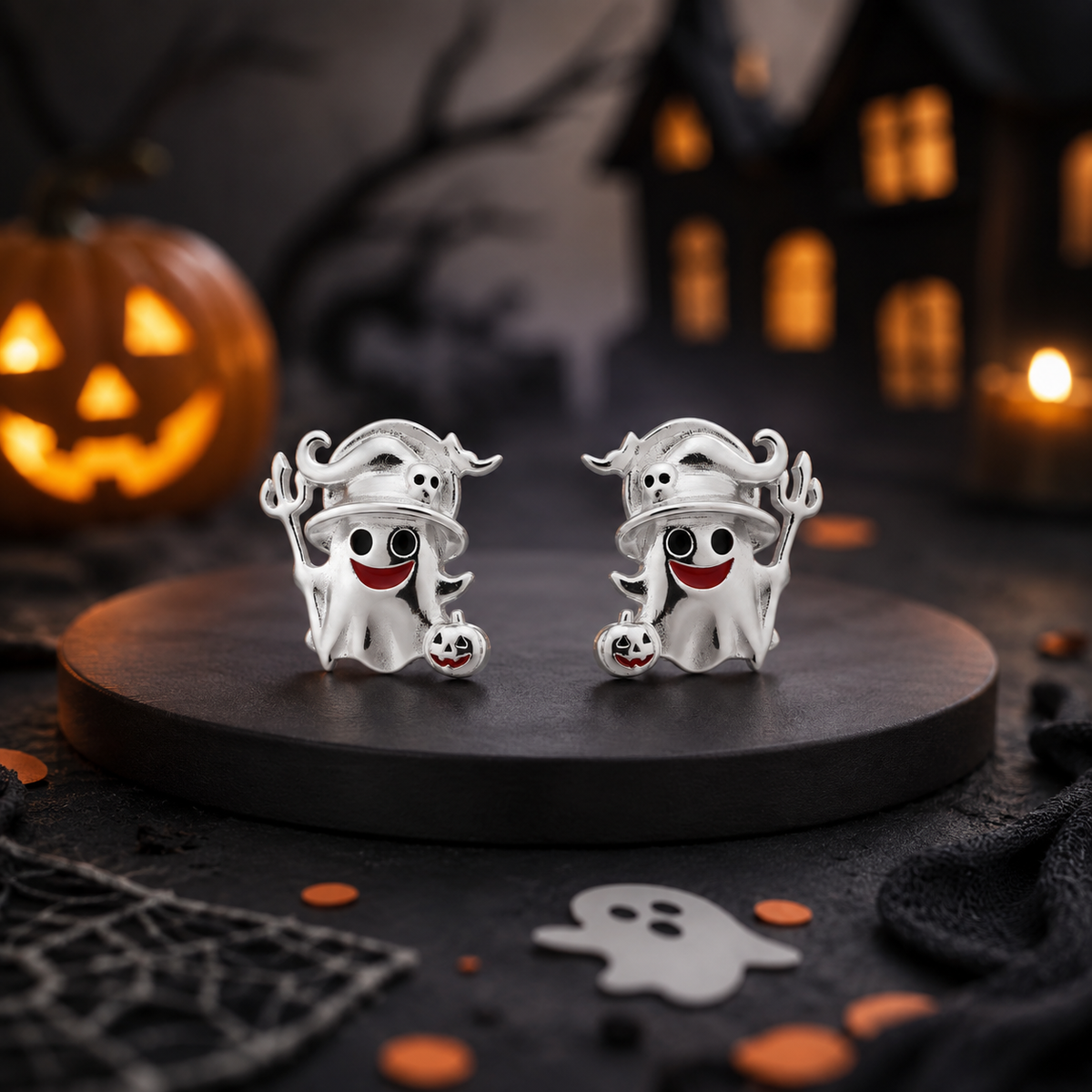 Cute 15mm Halloween ghost stud earrings with colorful enamel details and silver finish. Perfect spooky jewelry for Halloween parties, fall outfits, and gifts for her.