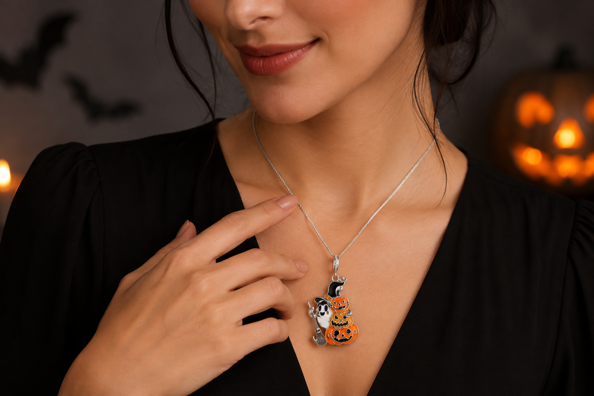 925 Sterling Silver Halloween Pumpkin Ghost Pendant Necklace with Colorful Enamel, Witch Hat & Broom, Spooky Witchy Jewelry and Halloween Gift.
