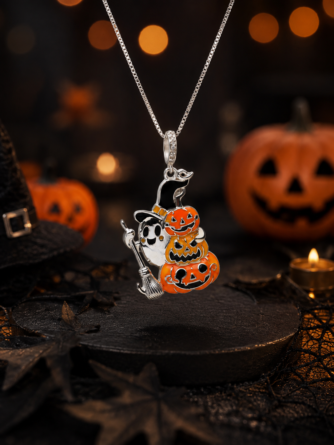 925 Sterling Silver Halloween Pumpkin Ghost Pendant Necklace with Colorful Enamel, Witch Hat & Broom, Spooky Witchy Jewelry and Halloween Gift.