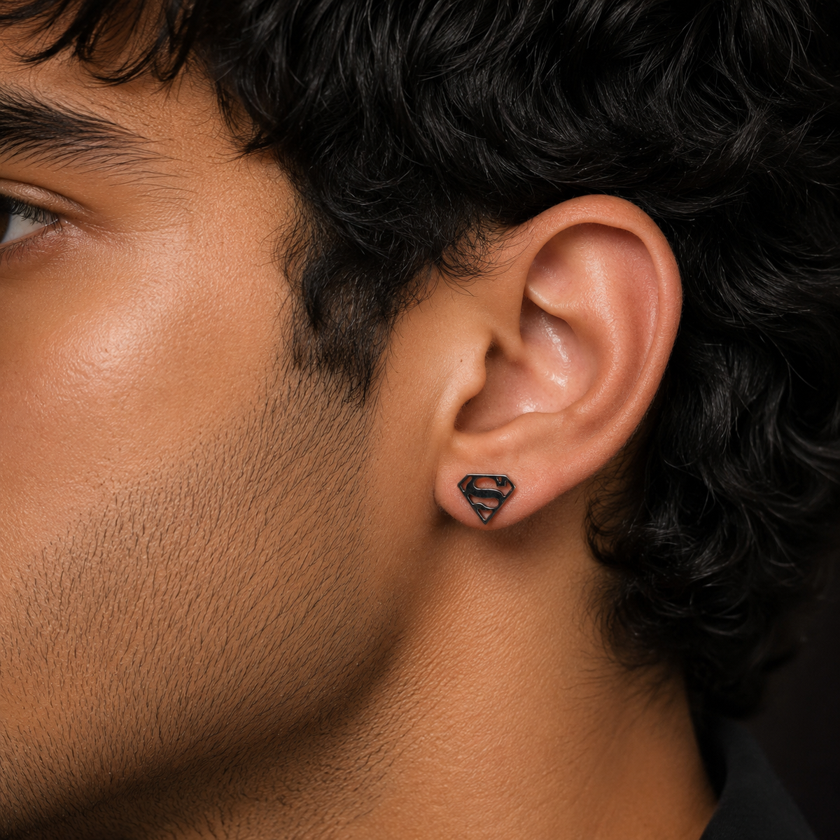 Superman-inspired S shield stud earrings in polished sterling silver and black finishes perfect unisex gothic gift for comic fan or super hero lovers