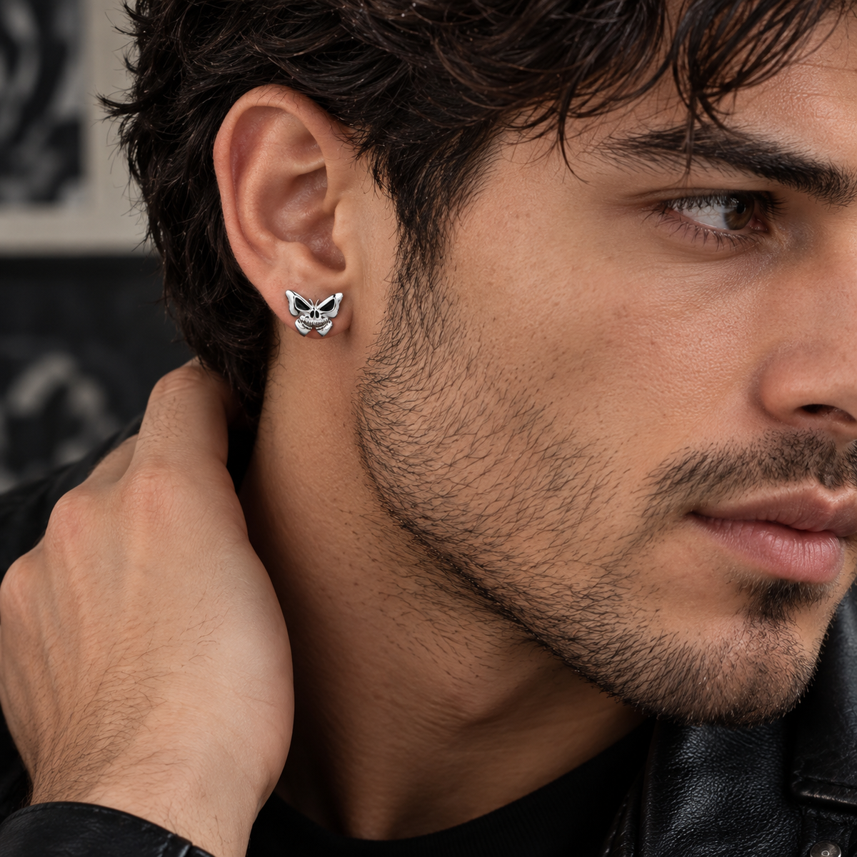 Butterfly skull stud earrings with black enamel detailing, in sterling silver, 15x19mm gothic design perfect halloween unisex gift