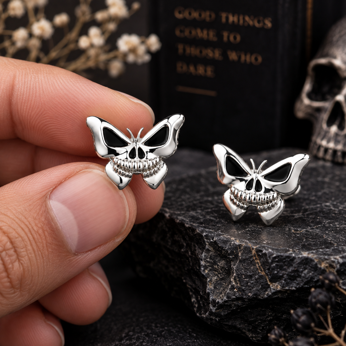 Butterfly skull stud earrings with black enamel detailing, in sterling silver, 15x19mm gothic design perfect halloween unisex gift