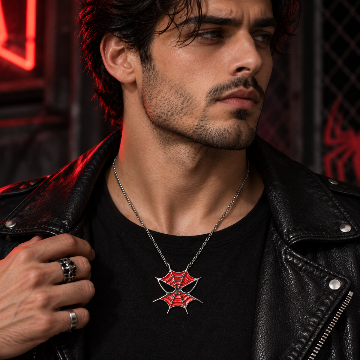 Sterling Silver red and black spiderweb pendant necklace suitable for men and women who loves gothic jewellery for halloween gifts