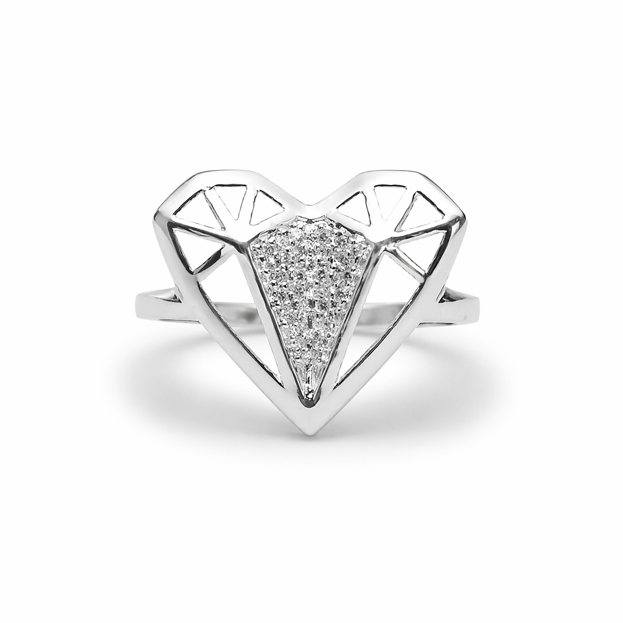 Geometric Heart CZ Silver Ring
