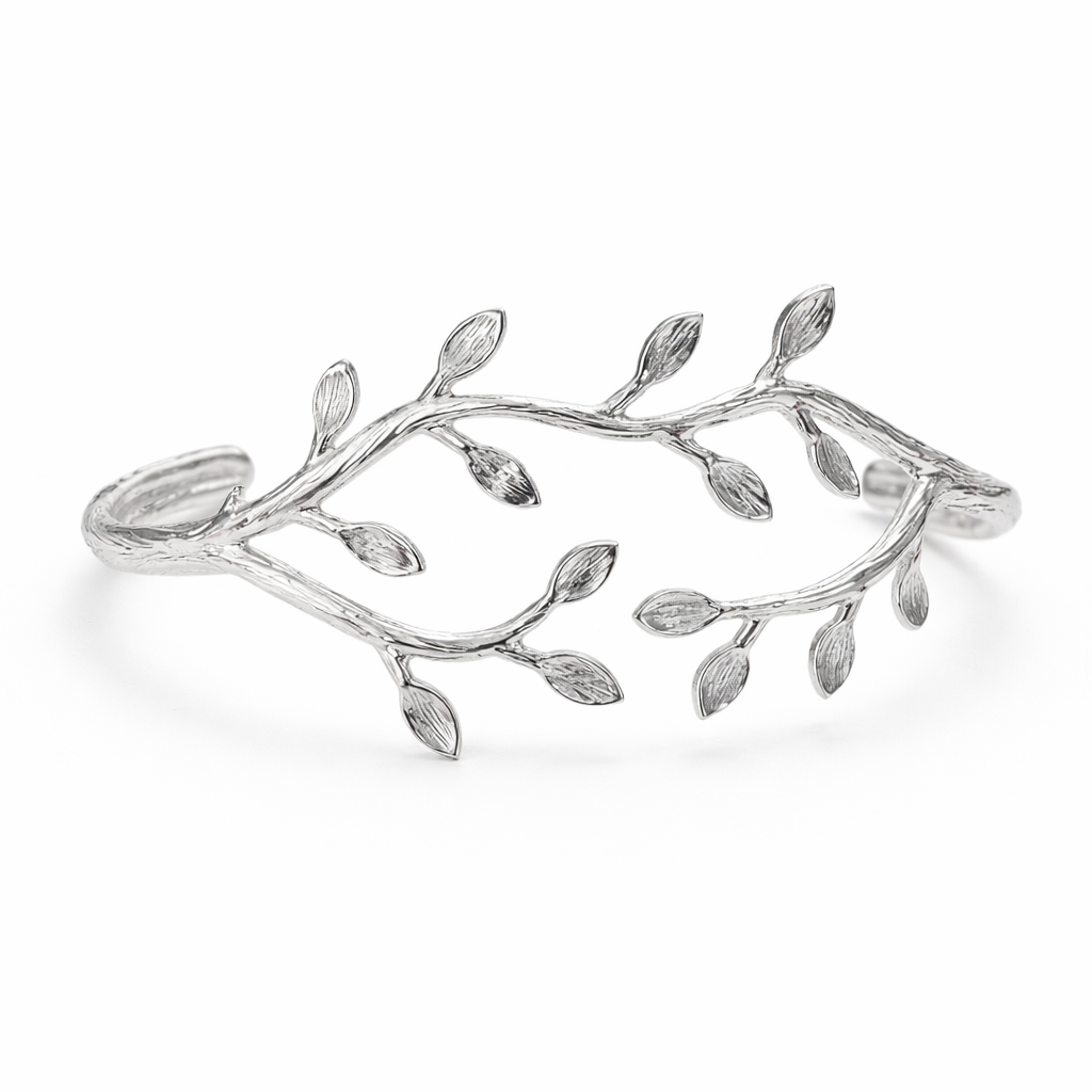 Leaf Vine Open Cuff Silver Bracelet