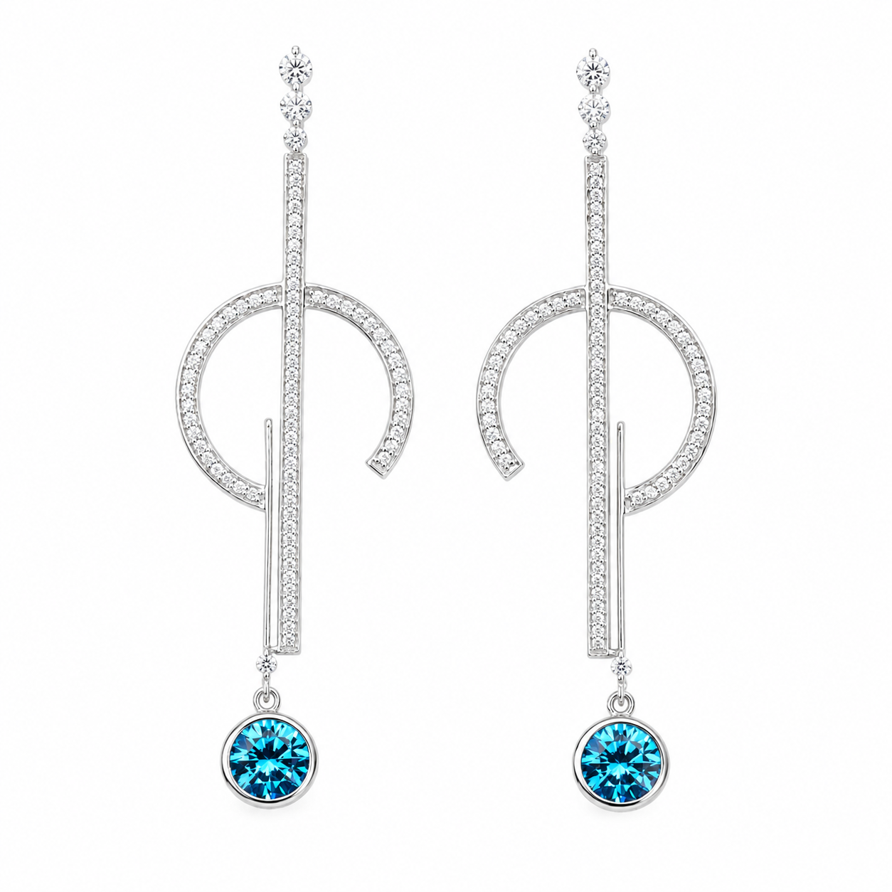 925 sterling silver geometric drop earrings featuring pavé cubic zirconia bars with round Swiss Blue Topaz CZ 