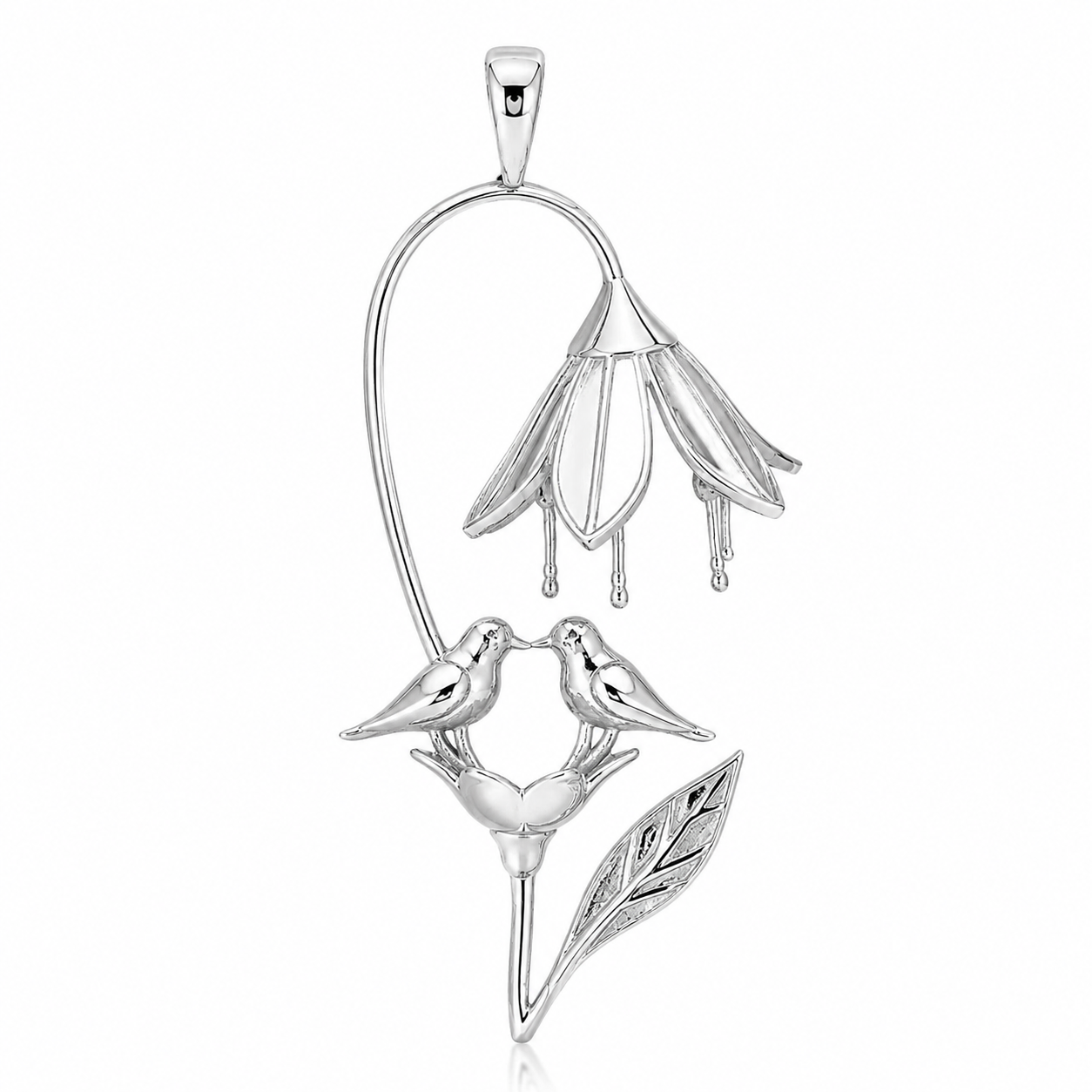Love birds flower pendant in solid 925 sterling silver featuring two perched birds inside an elegant floral design, handcrafted nature-inspired jewelry, chain not included