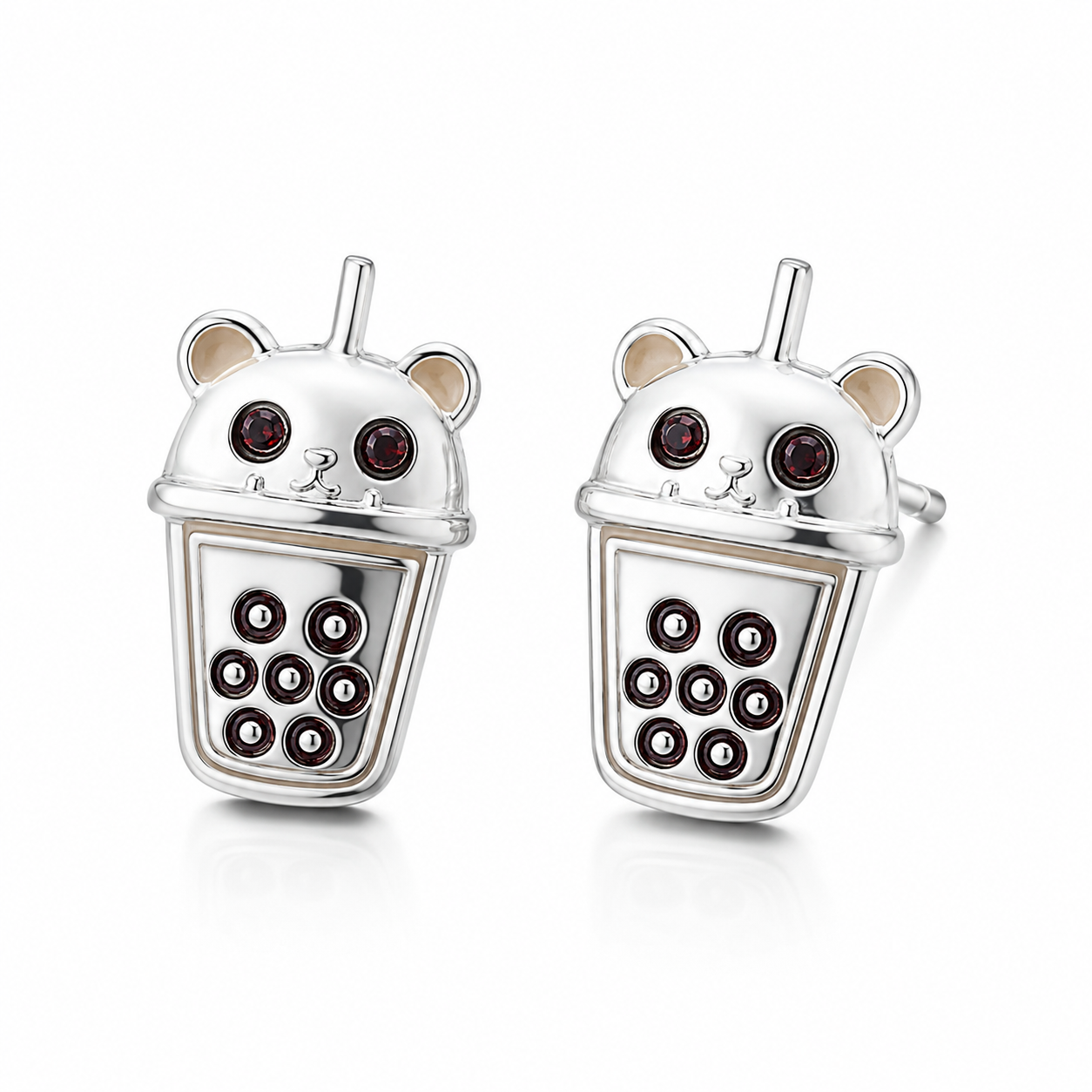 Cute bear boba tea enamal stud earrings in solid 925 sterling silver featuring a kawaii bubble tea cup with bear face and boba bubbles