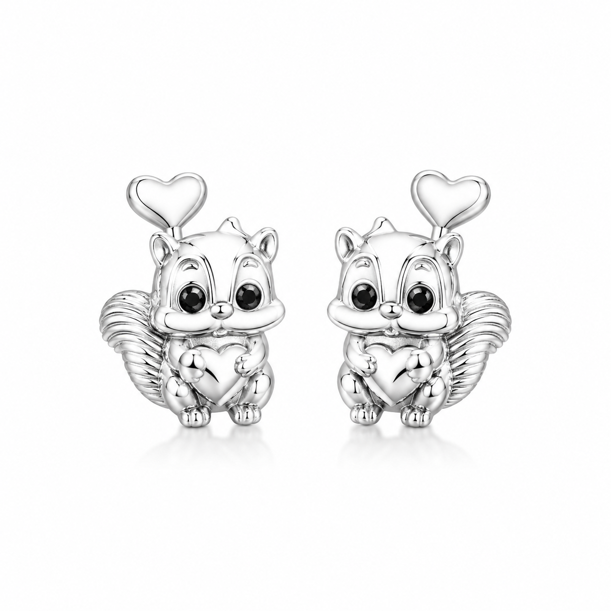 Cute squirrel heart stud earrings in solid 925 sterling silver featuring an adorable squirrel holding a heart, animal jewelry for women and kids