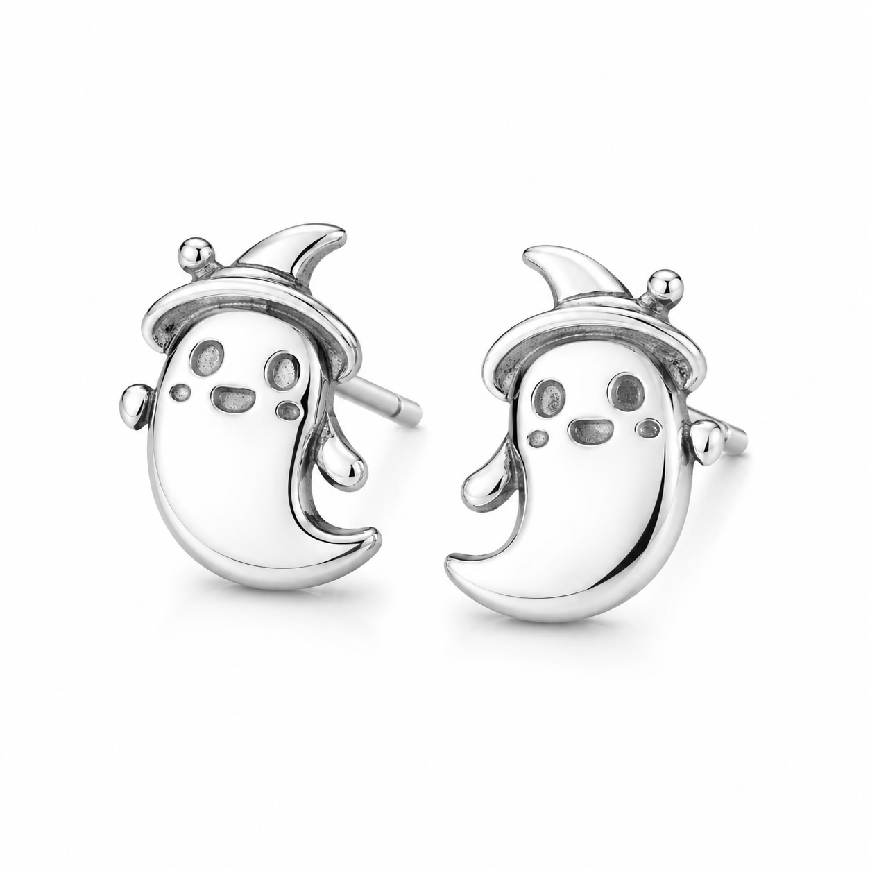 Unisex Cute ghost stud earrings in sterling silver featuring tiny witch hats, spooky Halloween jewelry gift for teens 