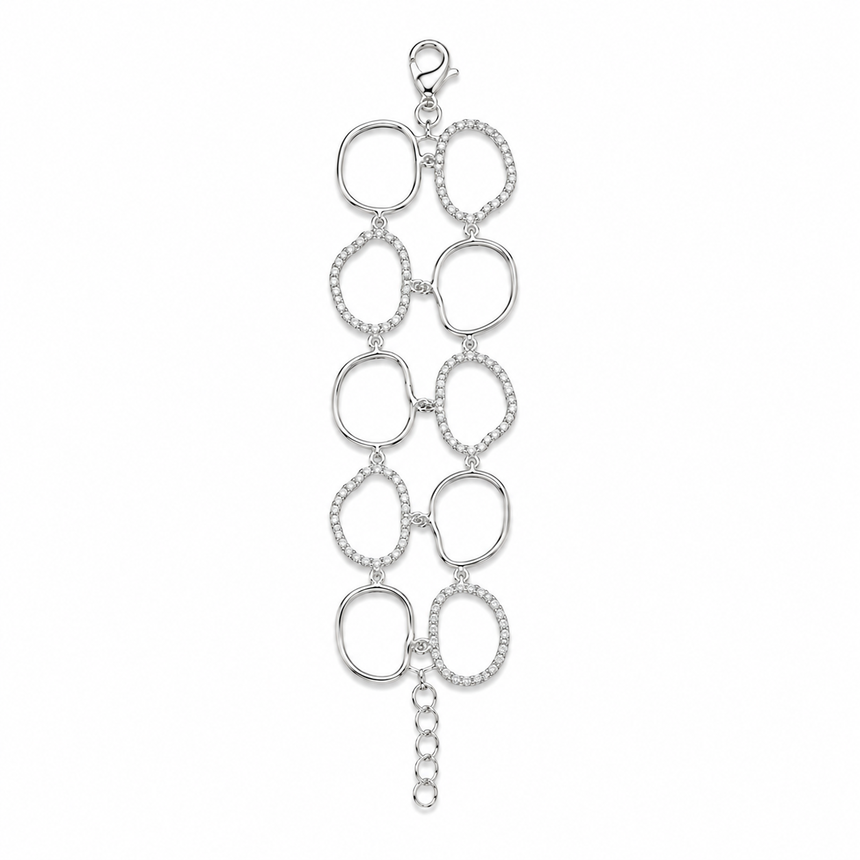 Model wearing silver geometric bracelet with CZ stone accents
