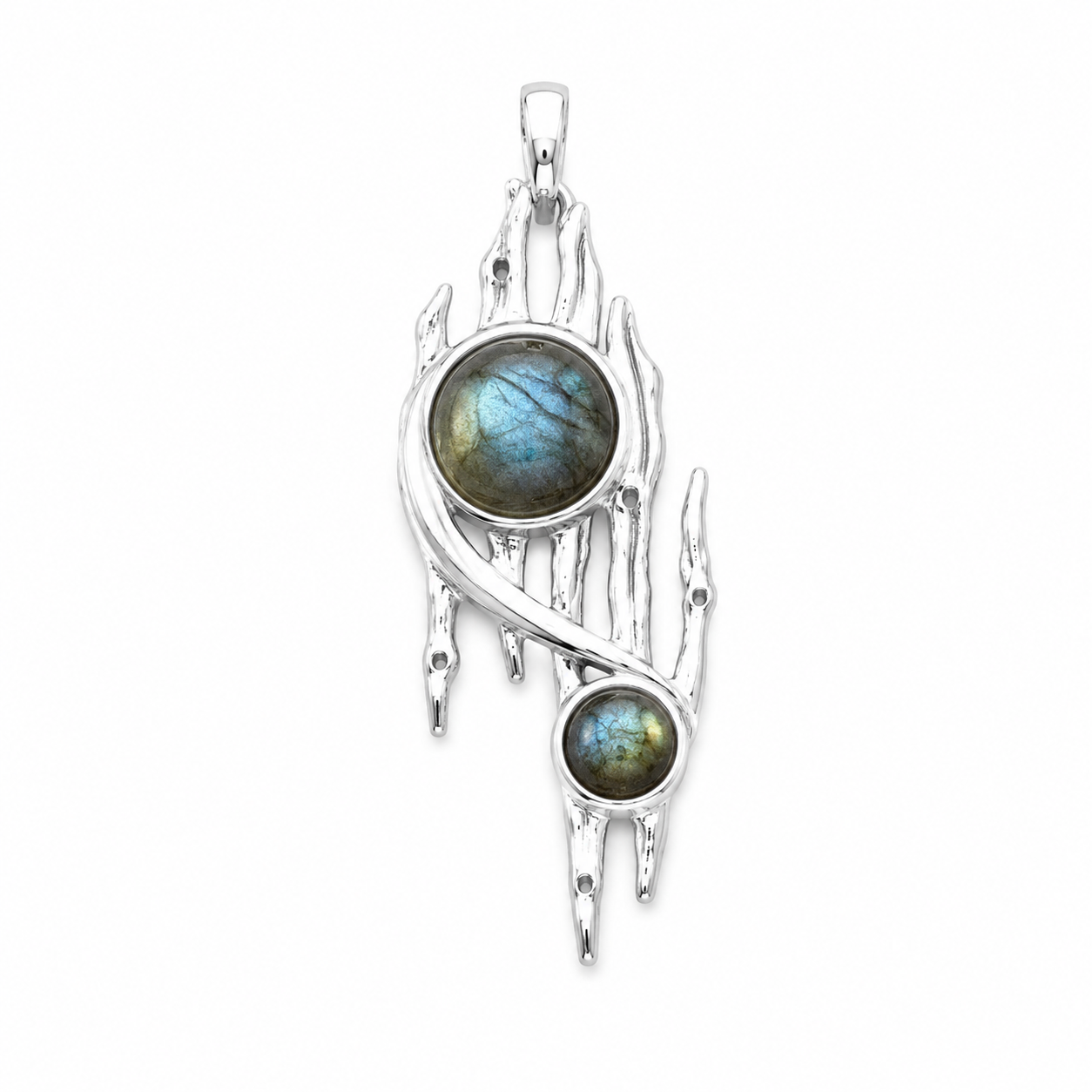 Sterling Silver Lord of the Rings Pendant with Labradorite, Tigers Eye, Turquoise & Yellow Chalcedony Stones