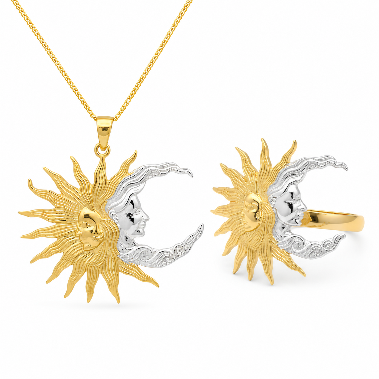 silver and golden plated sunmoon ring and pendant. Celestial Sun and Moon Jewelry