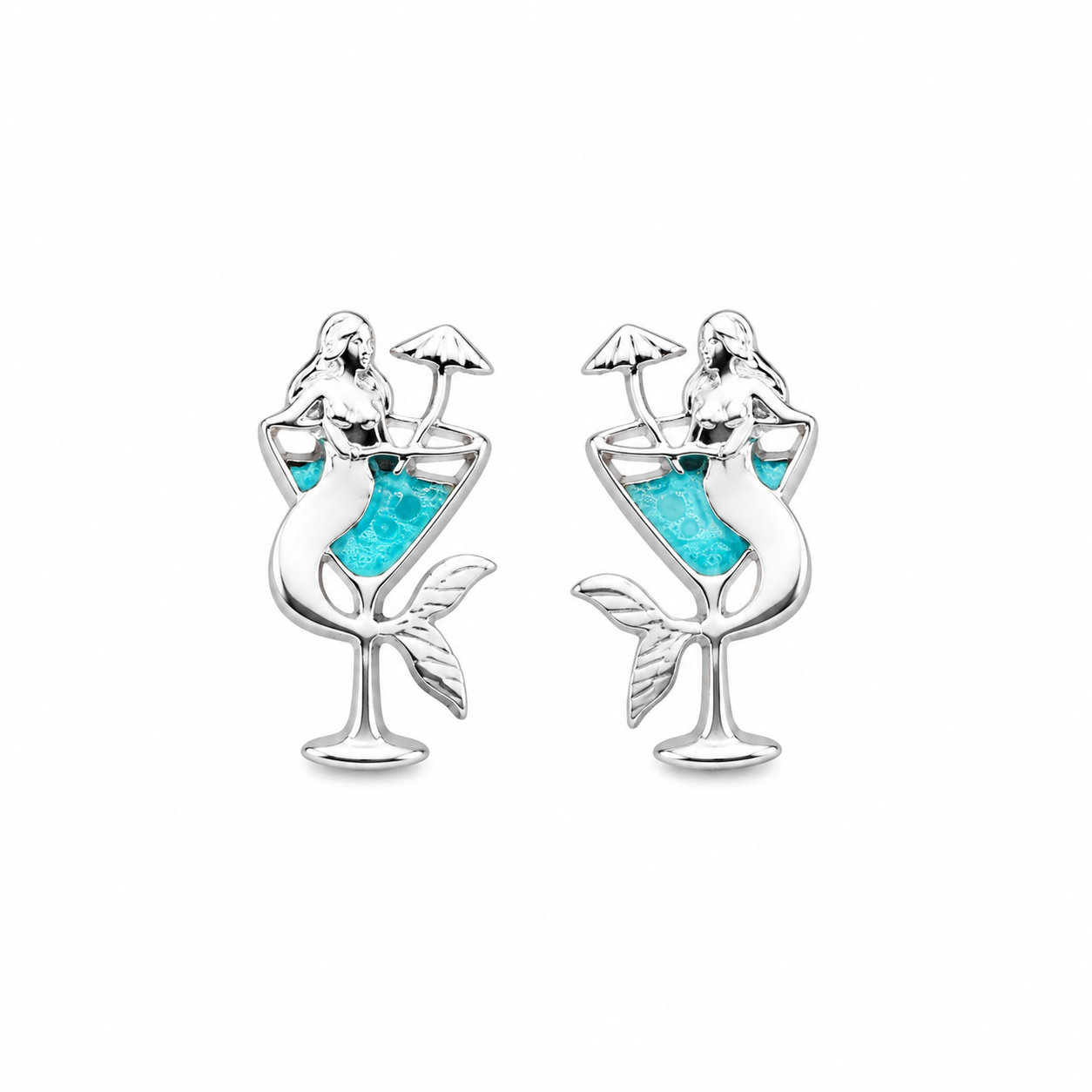 Ocean theme Mermaid Cocktail Sterling Silver Studs with Blue Enamelling