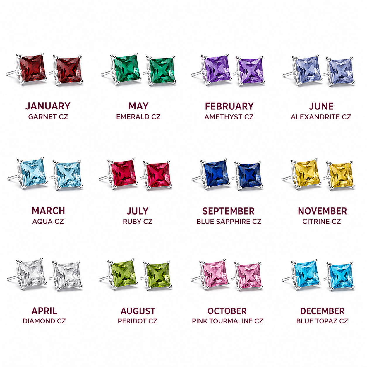 Princess cut cubic zirconia birthstone stud earrings in 925 sterling silver