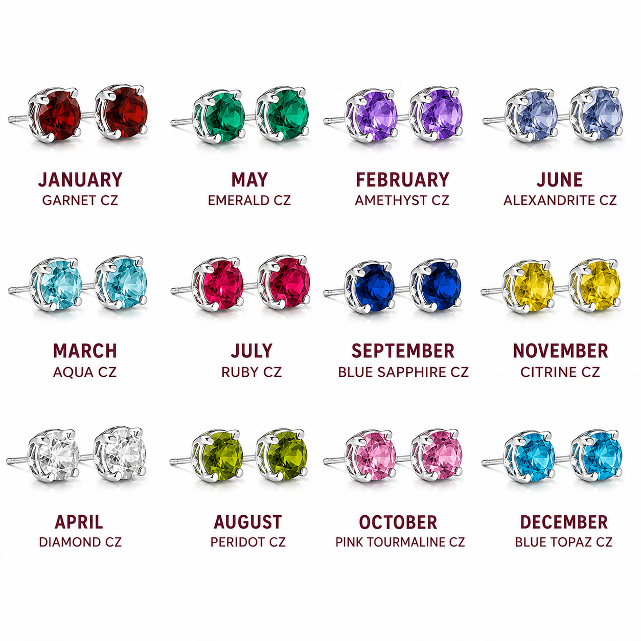 Daily wear Round birthstone CZ stud earrings in 925 sterling silver