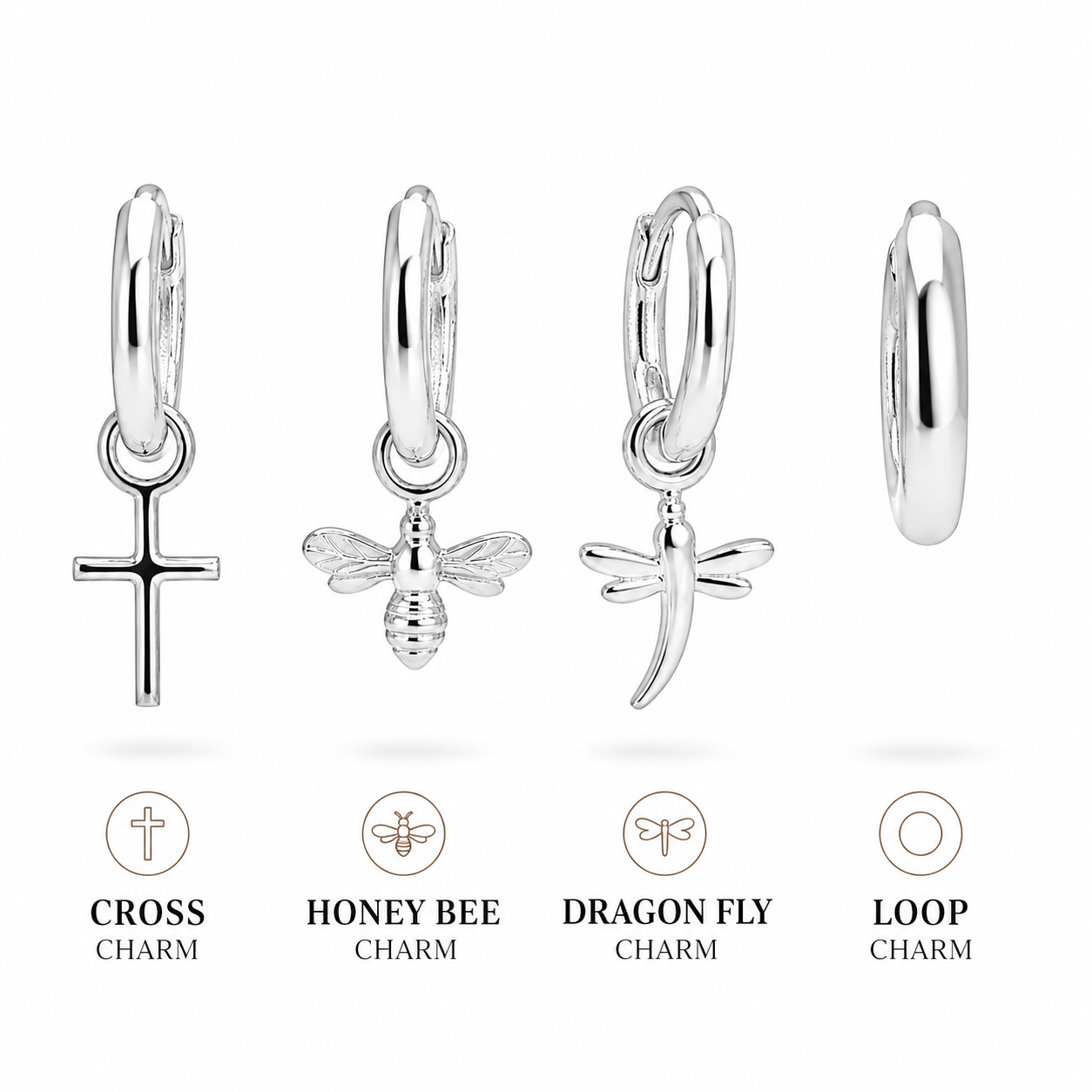 Hoop earrings with chanegable charms cross, honey bee, dragon fly in sterling silver