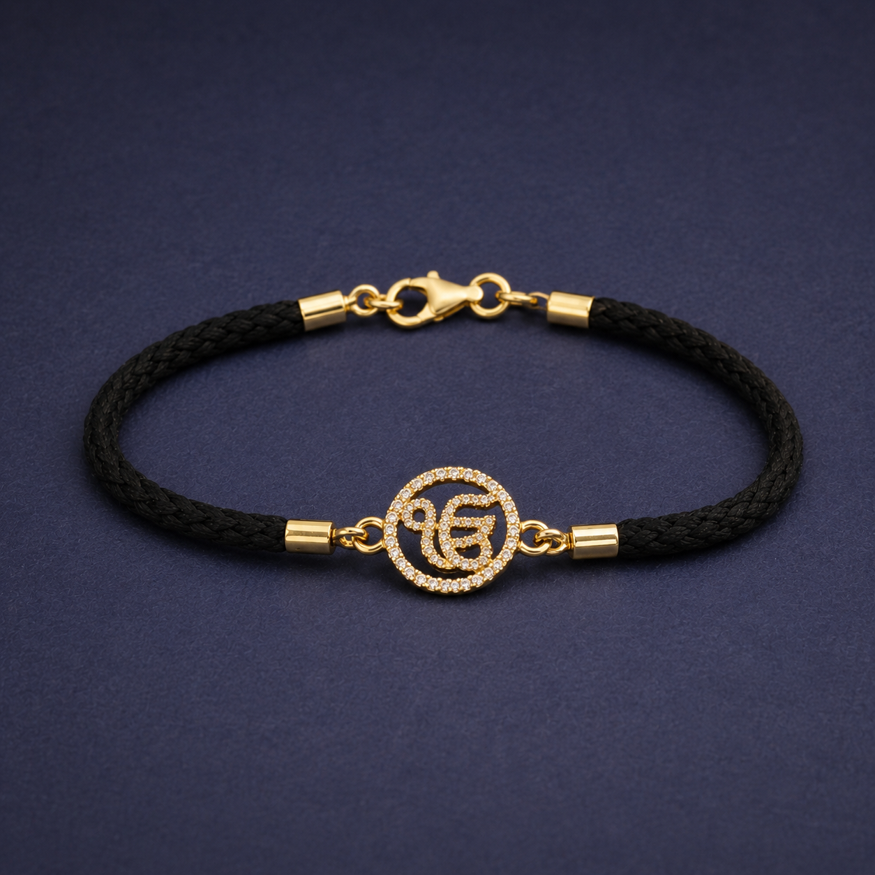 925 sterling silver gold plated Ik Onkar bracelet with premium black braided cord and adjustable chain, minimalist Sikh spiritual jewelry