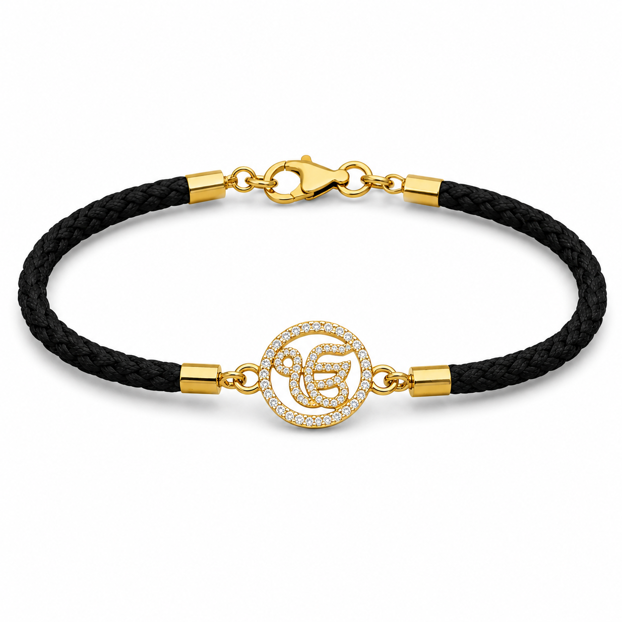 925 sterling silver gold plated Ik Onkar bracelet with premium black braided cord and adjustable chain, minimalist Sikh spiritual jewelry