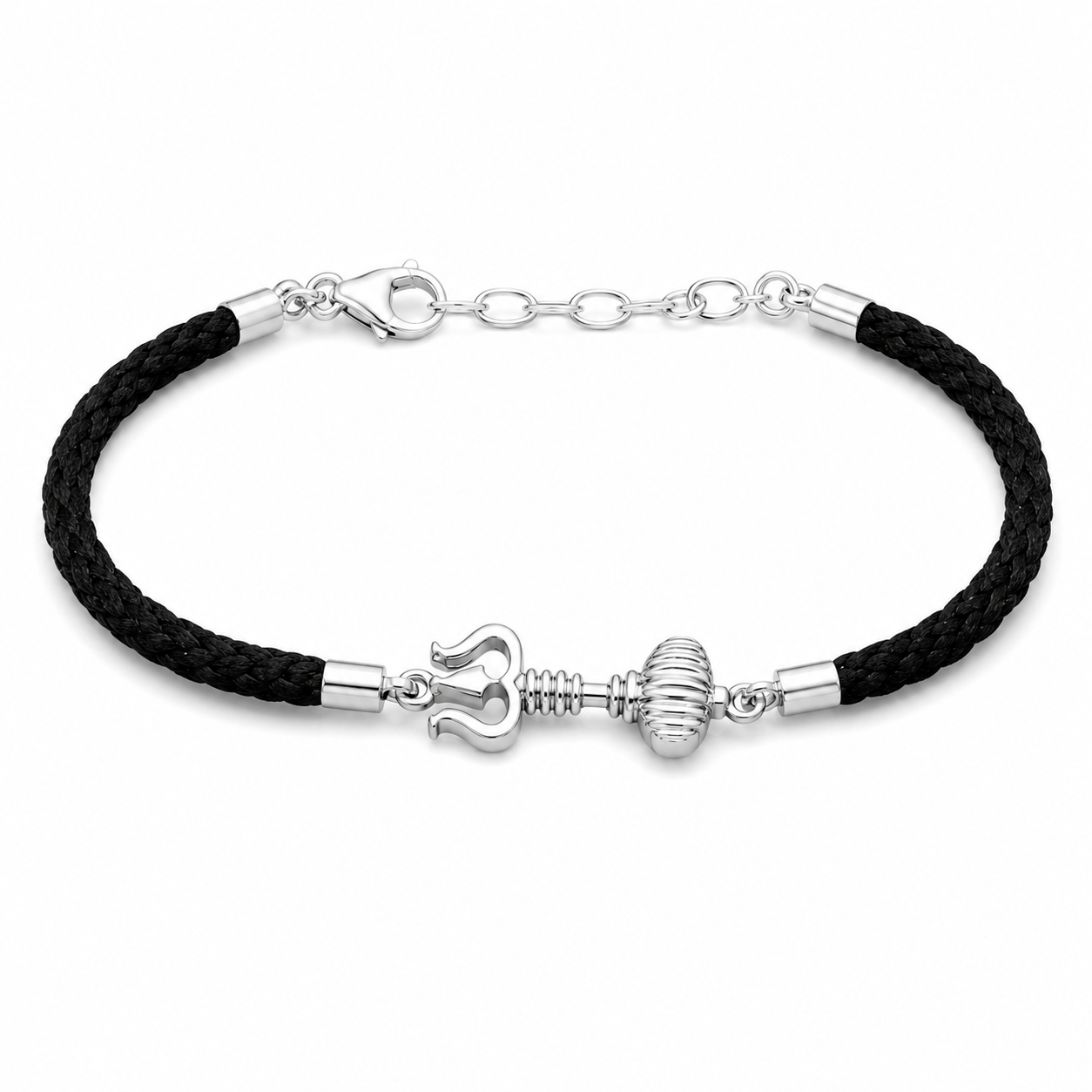 925 Sterling Silver Spirit of Lord Shiva bracelet with Trishul and Gada charm on black braided cord, minimalist spiritual unisex jewelry 