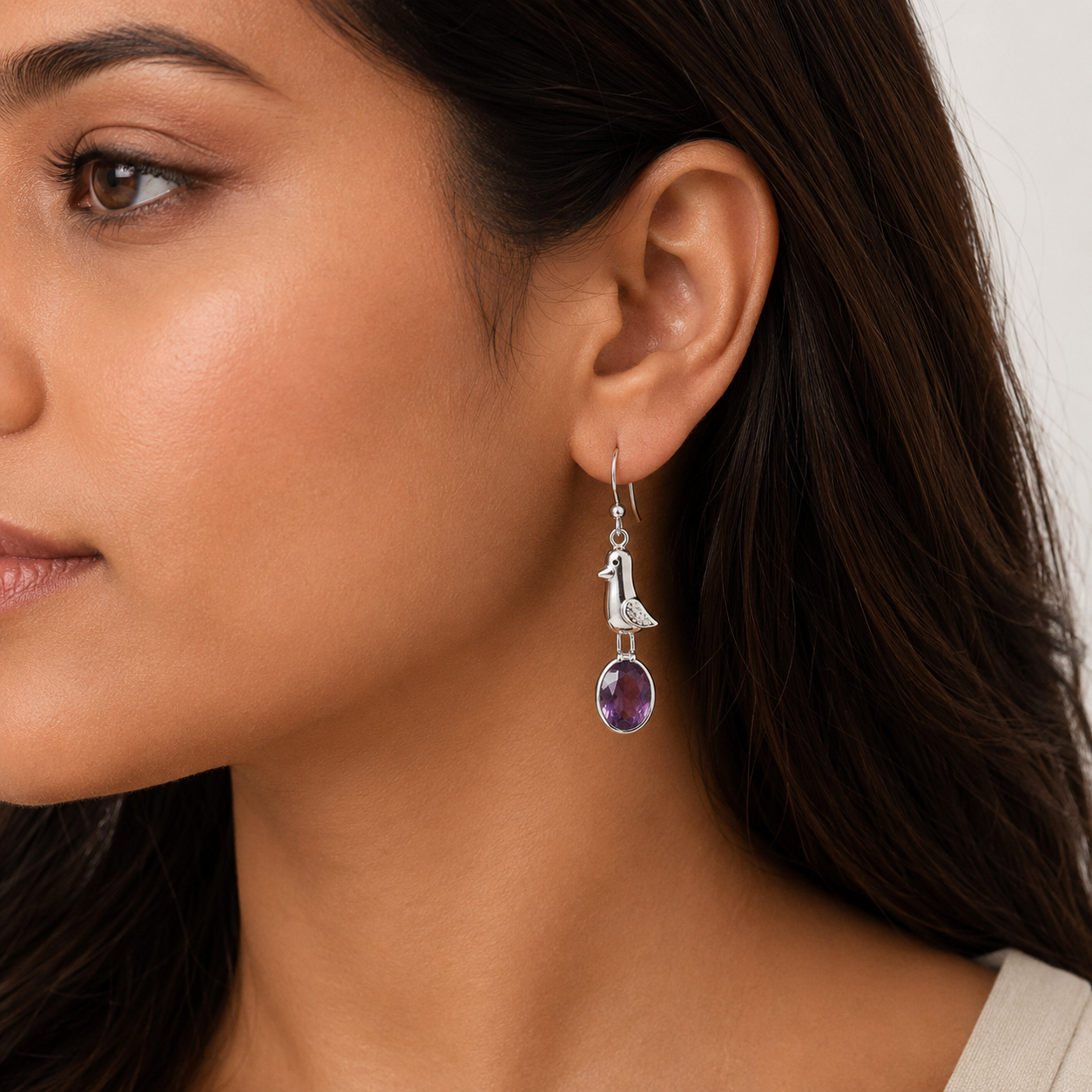 Amethyst Bird Dangle Silver Earrings