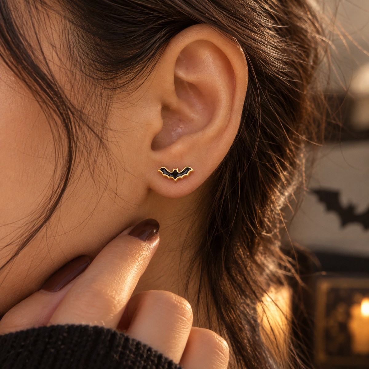 925 sterling silver Batman-inspired enamel studs with polished finish featuring an iconic superhero bat design