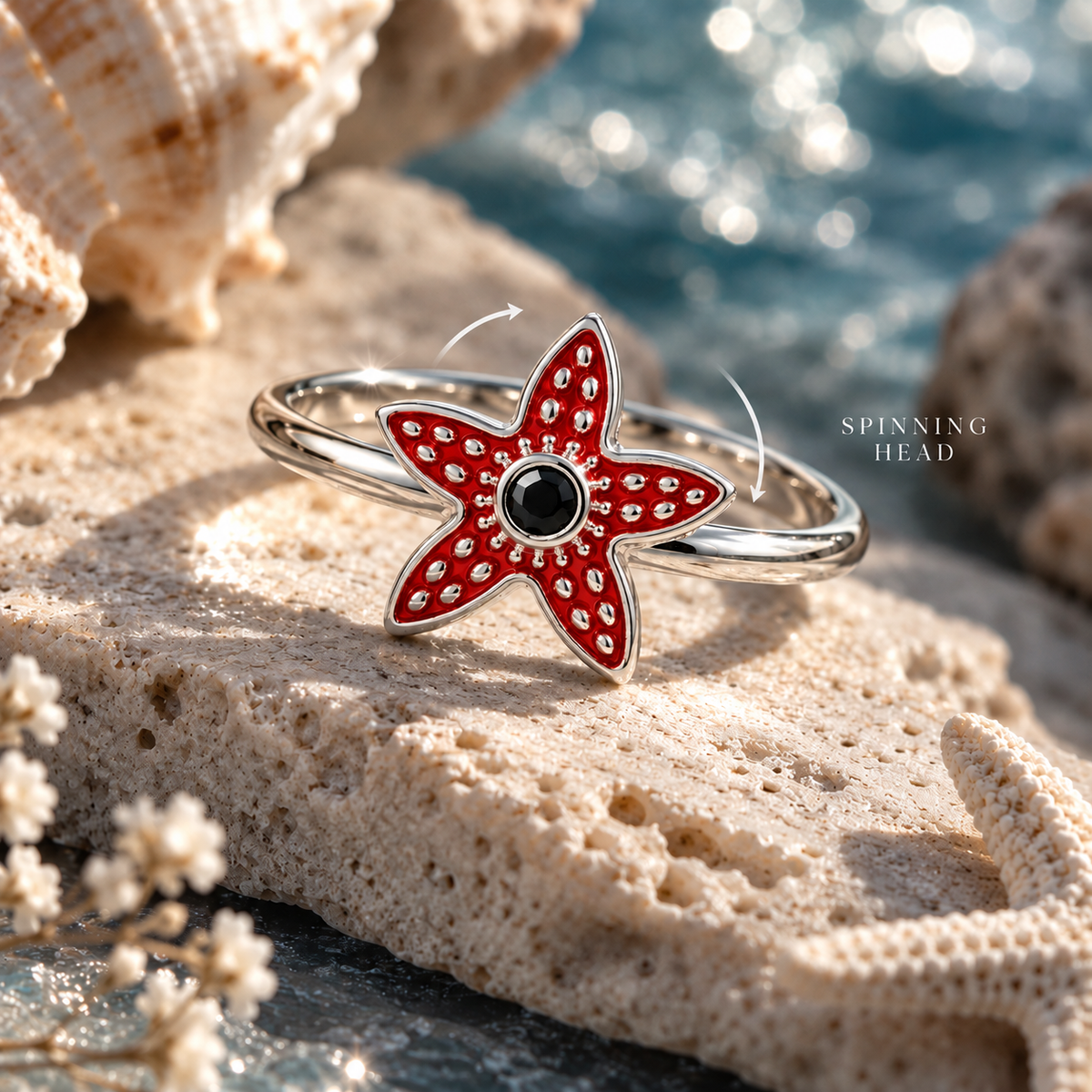 Demogorgon ring with spinning head in 925 sterling silver with red enamel and black spinnel stone in center