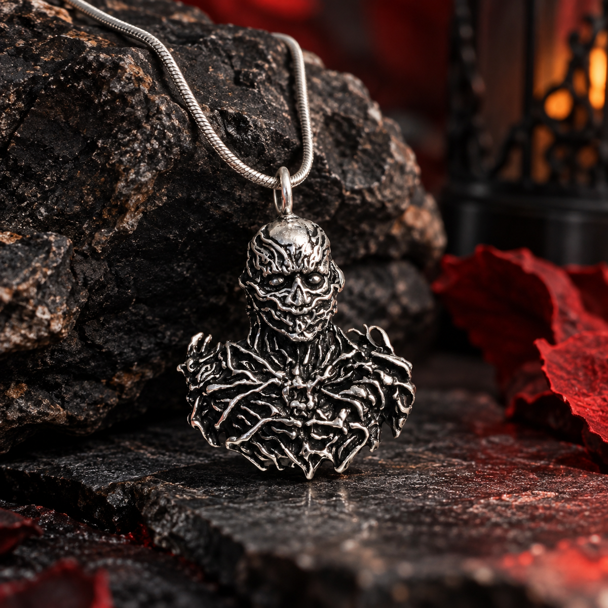 Oxidized 925 sterling silver gothic monster pendant featuring an intricately sculpted horror-inspired character with antique finish. Chain not included