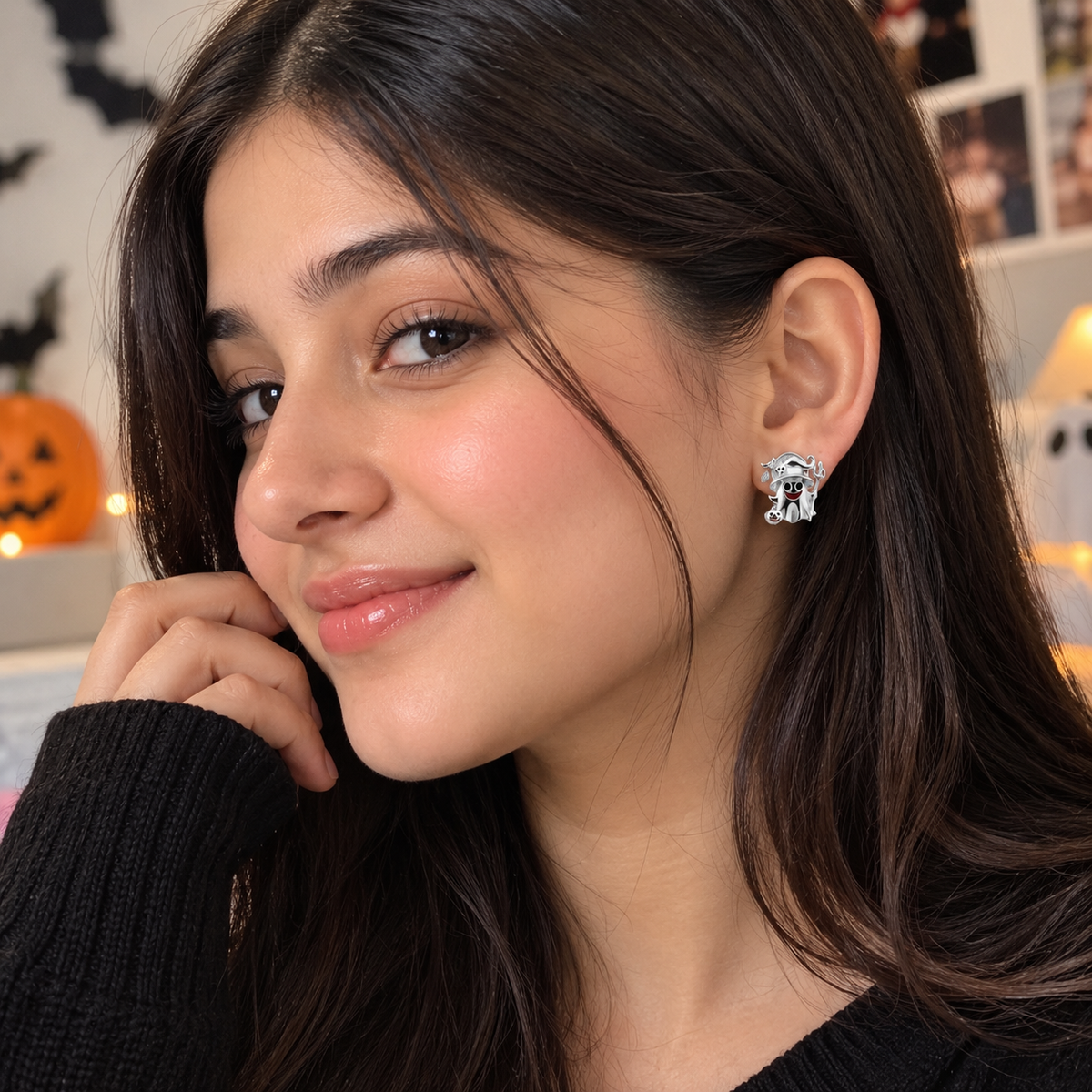 Cute 15mm Halloween ghost stud earrings with colorful enamel details and silver finish. Perfect spooky jewelry for Halloween parties, fall outfits, and gifts for her.