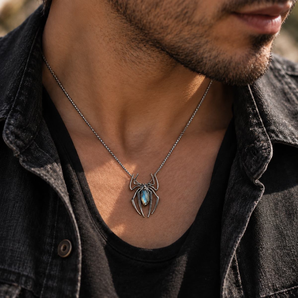Featuring an elegant spider silhouette and a striking marquise-cut Labradorite, this unique spider pendant is perfect for lovers of gothic, witchy, mystical, and alternative jewelry.