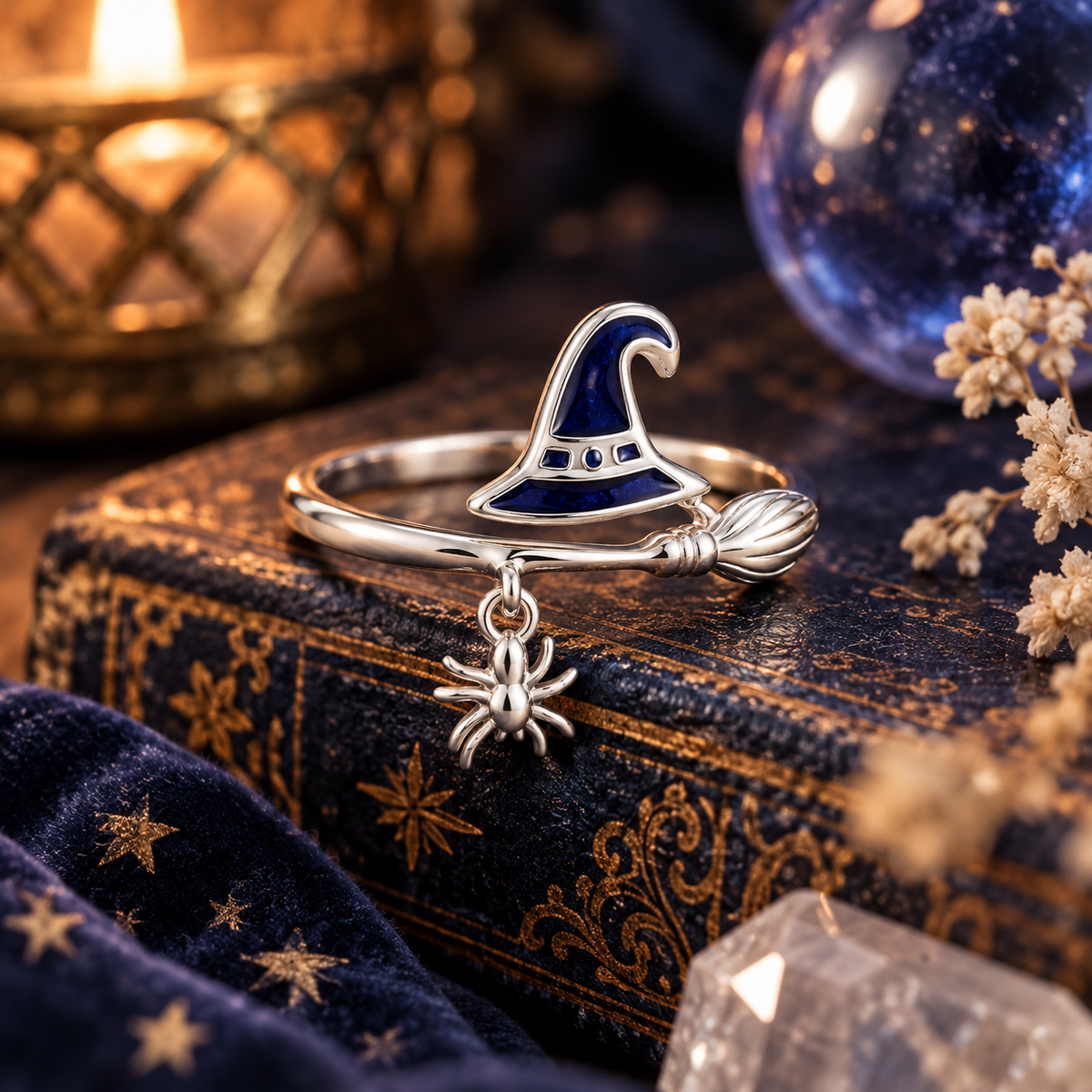 925 sterling silver witch hat ring with blue enamel, broom and dangling spider charm. Adjustable gothic Halloween jewelry and witchy gift.