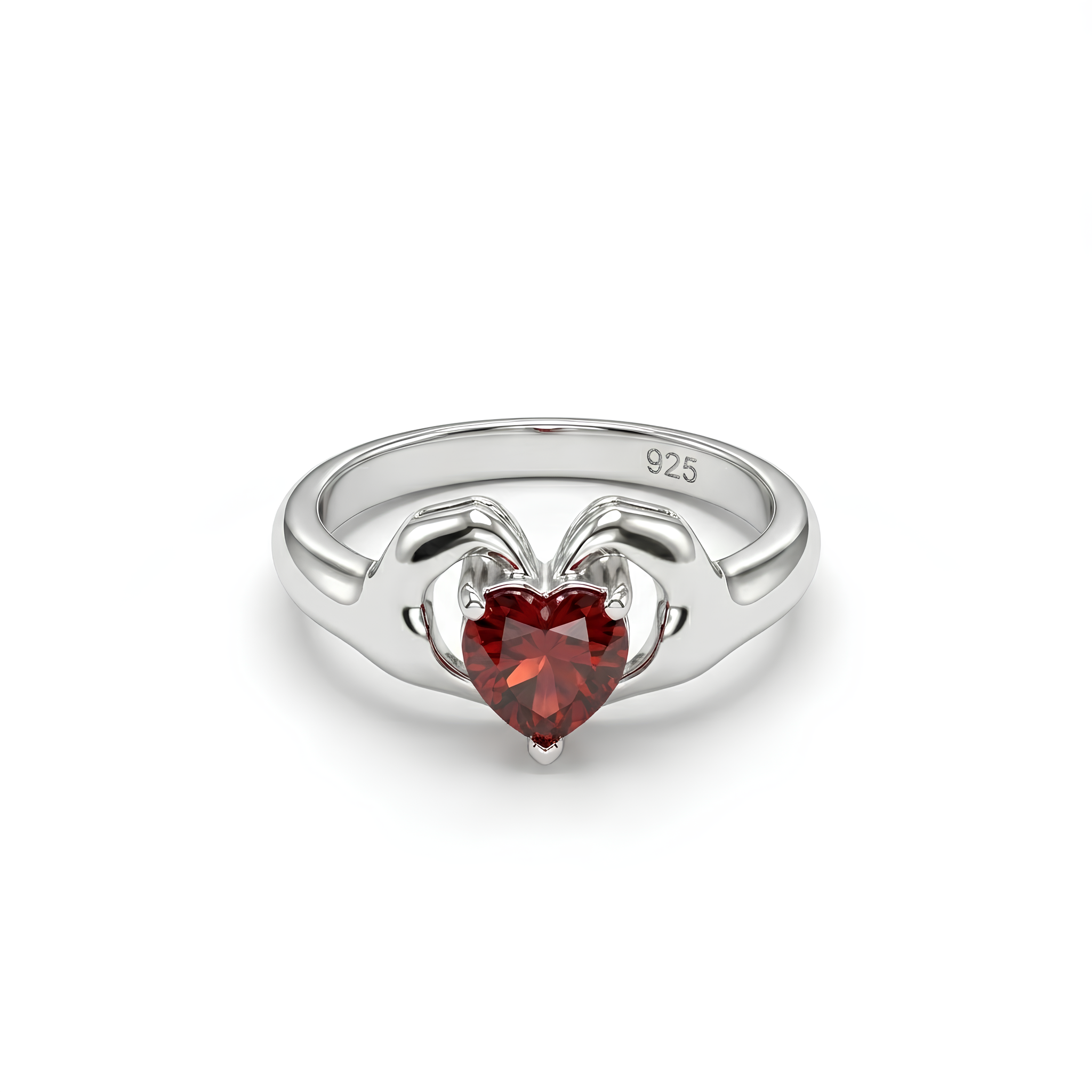 Model wearing silver heart garnet ring