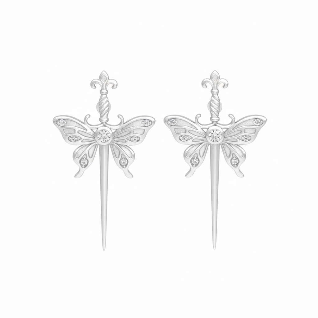 Model wearing silver sword stud earrings with CZ stones